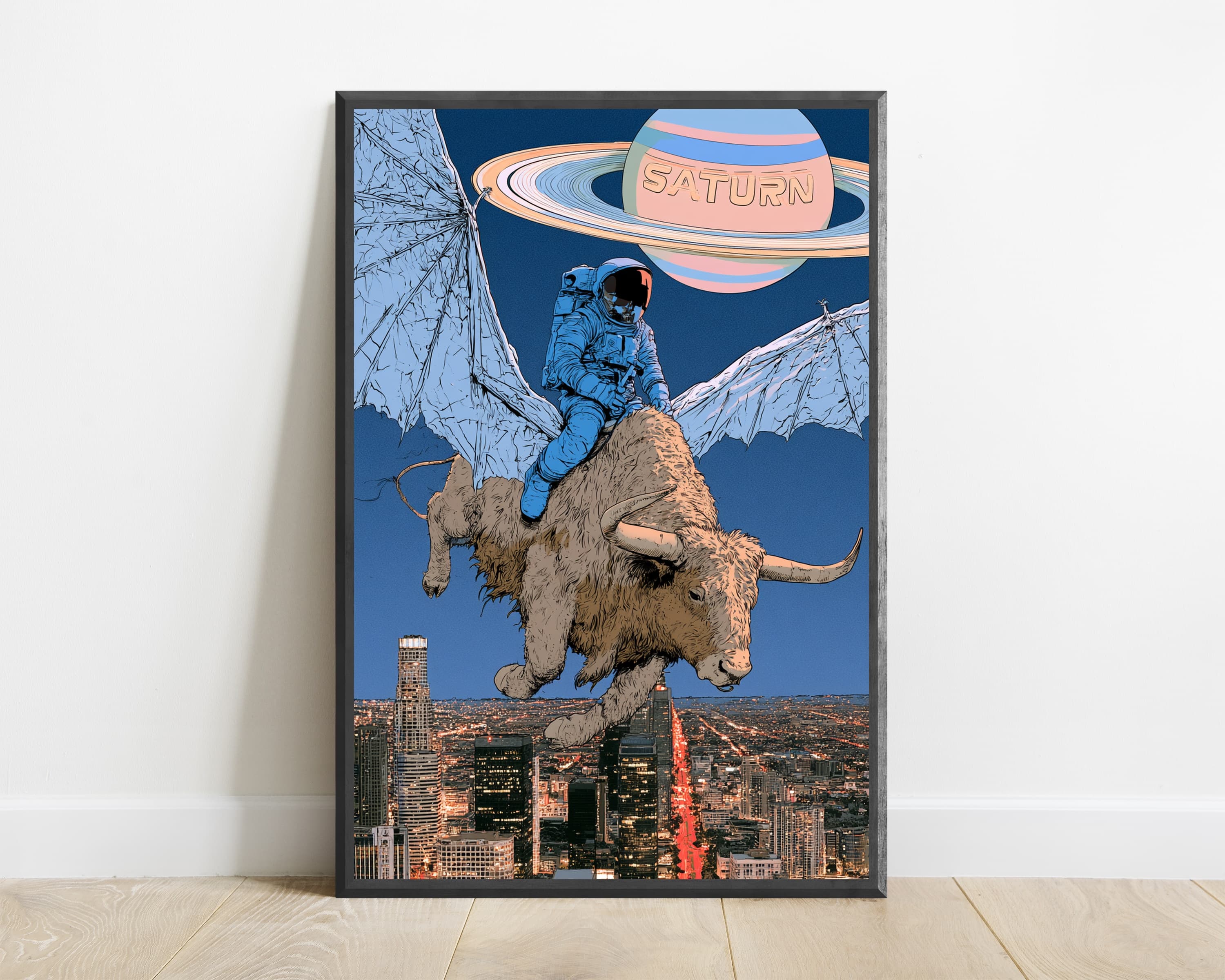 Astronaut Riding Winged Bison Over City Saturn Planet — view 1