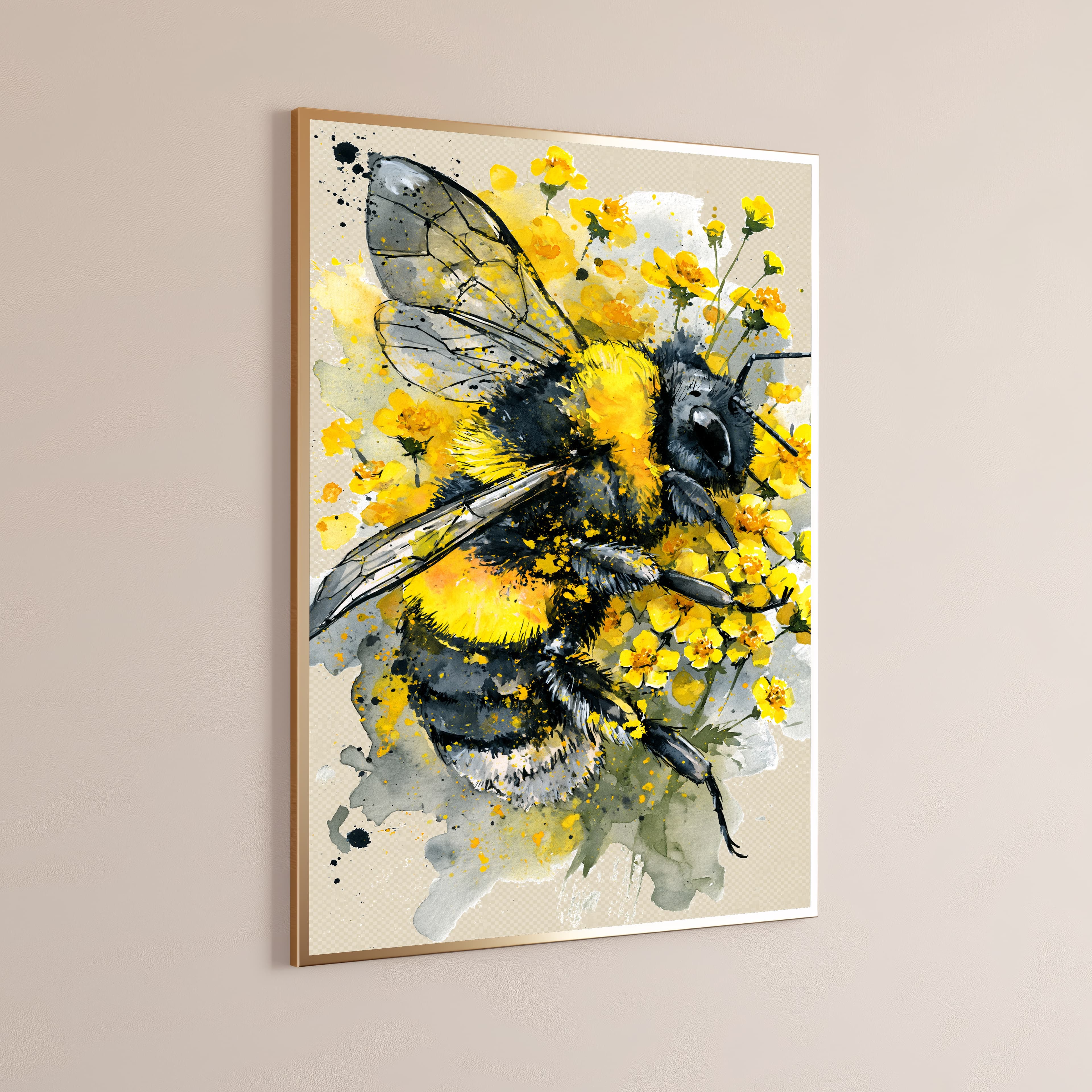 Bee with Yellow Flowers Watercolor Art Print