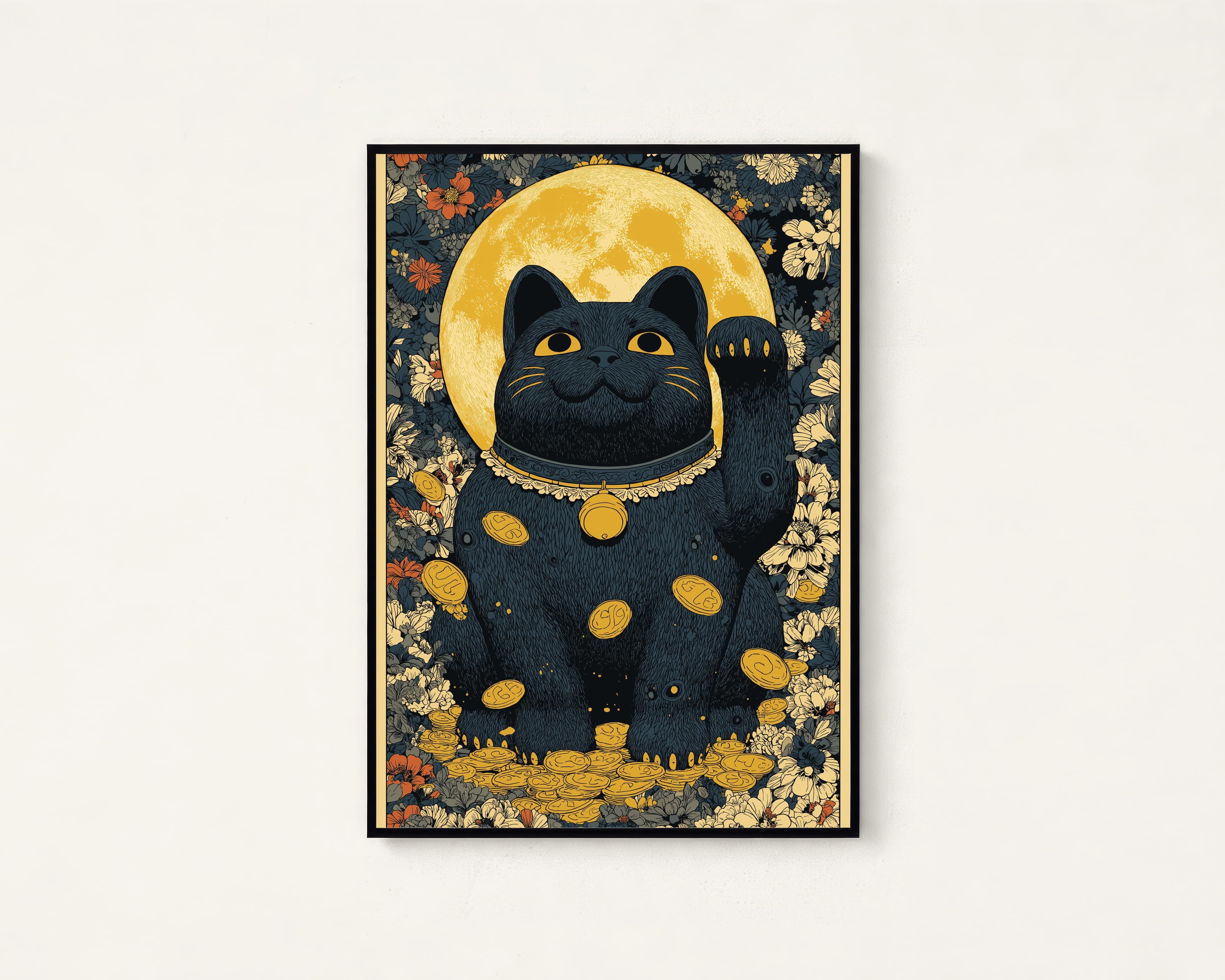 Black Maneki Neko Cat Moon Print — view 1