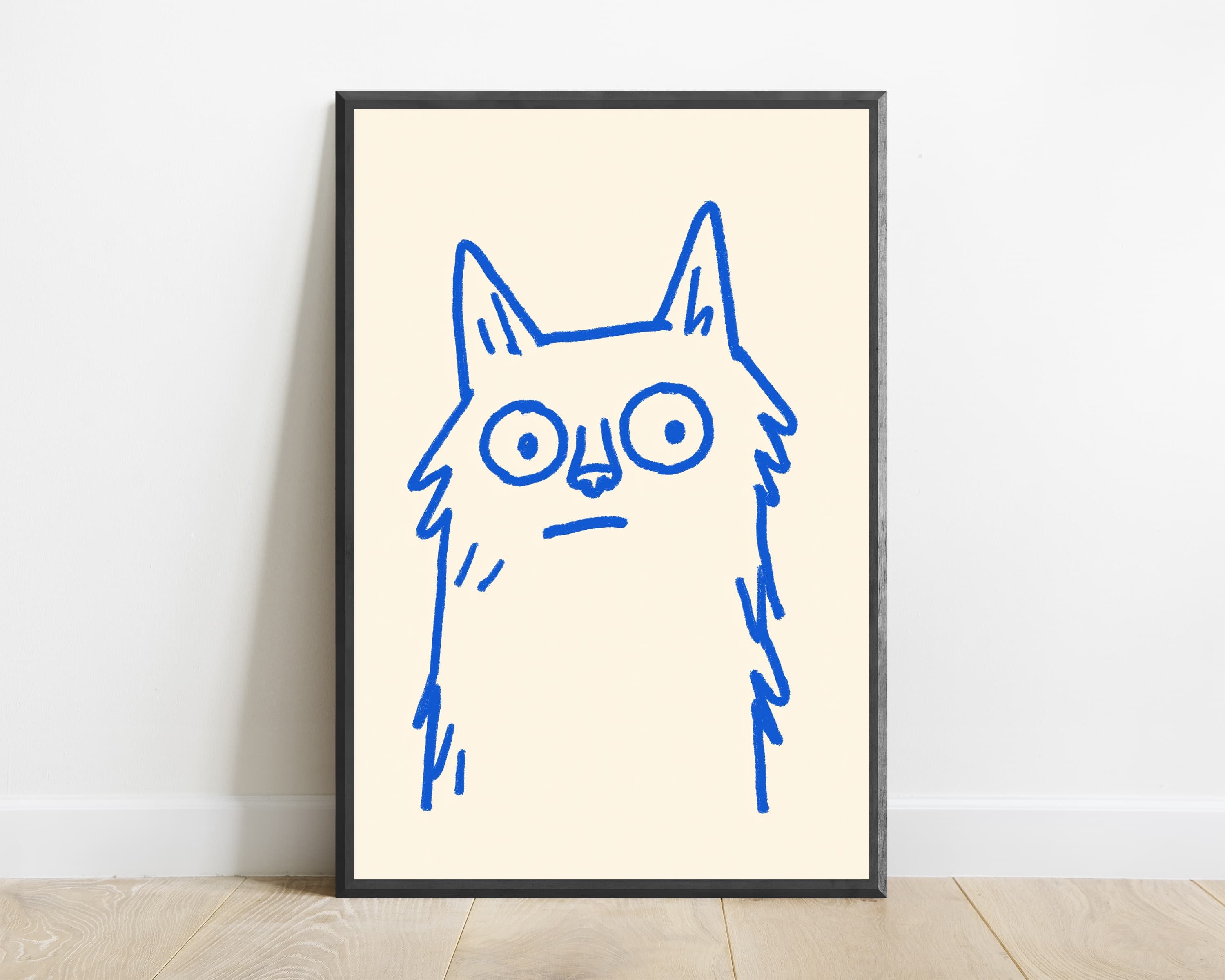 Blue Sketchy Cat Line Drawing Print — view 1