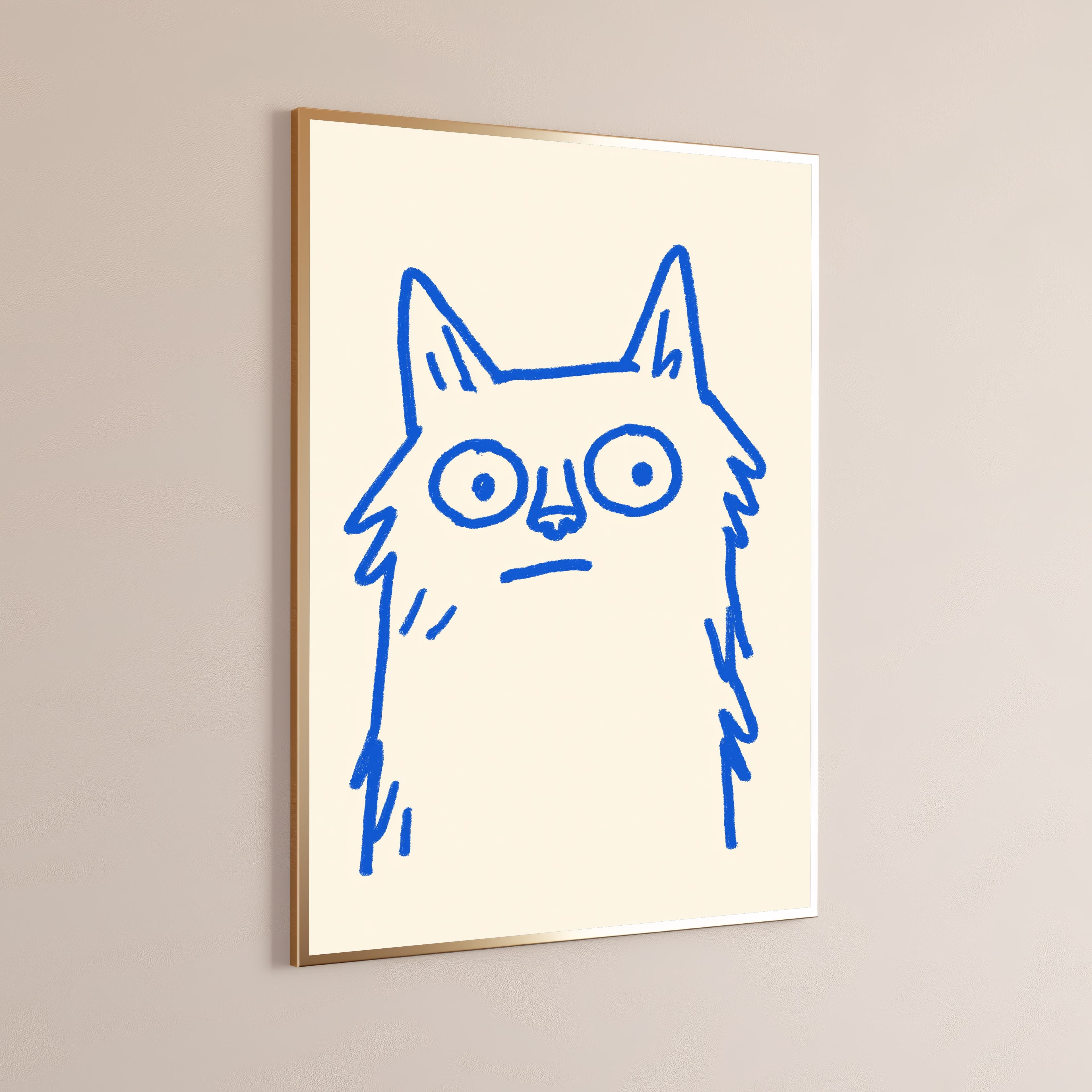 Blue Sketchy Cat Line Drawing Print