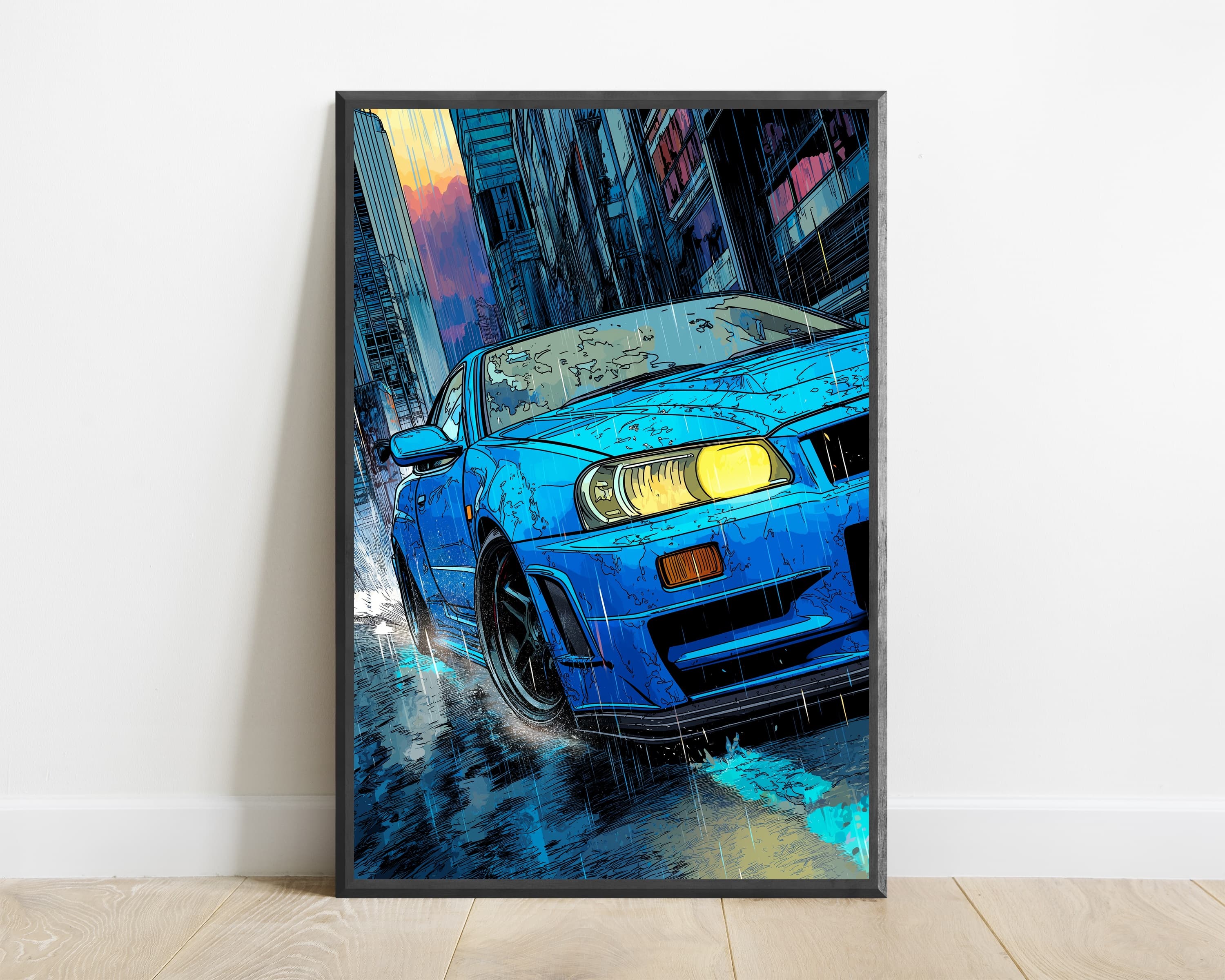 Blue Sports Car Rainy City Street — view 1