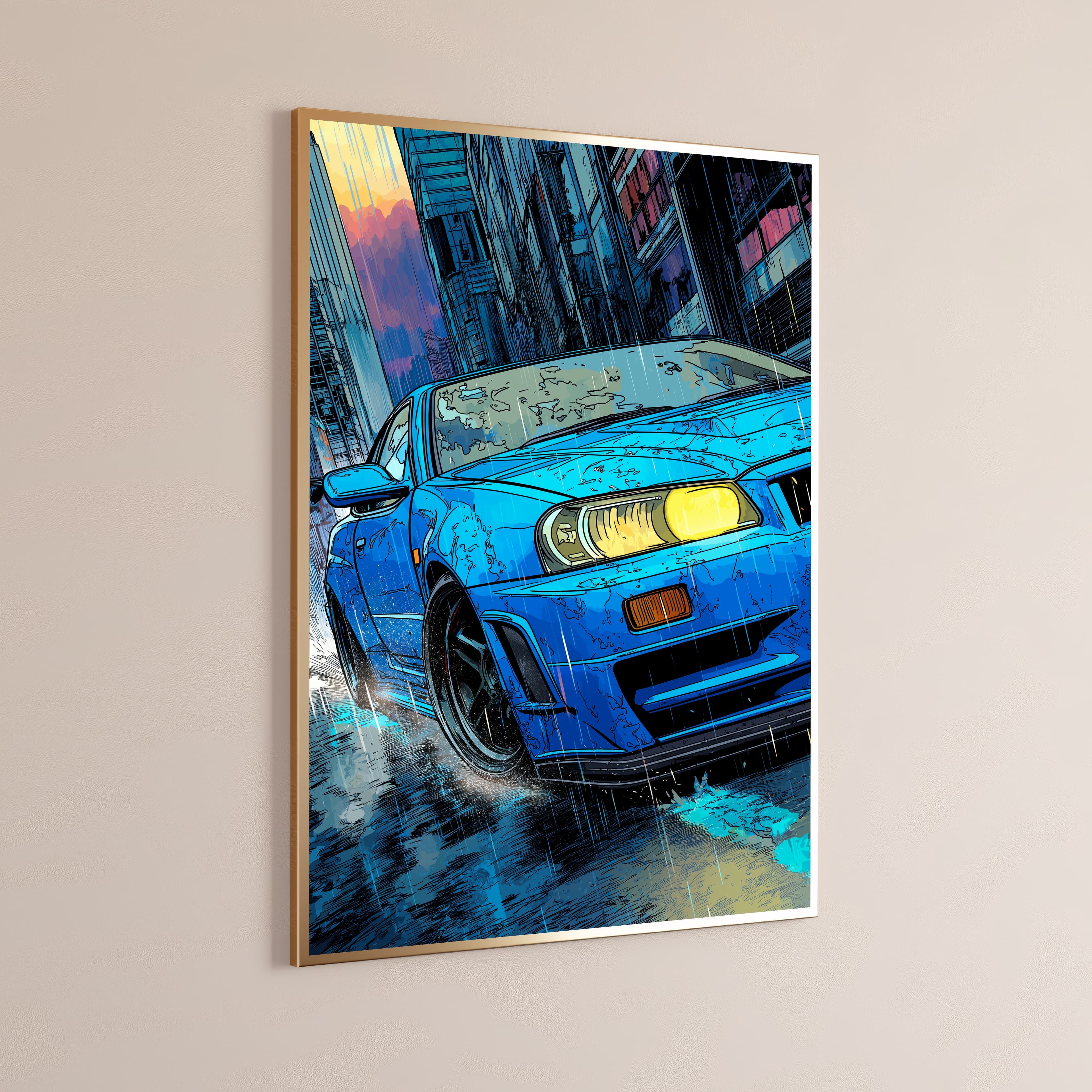 Blue Sports Car Rainy City Street