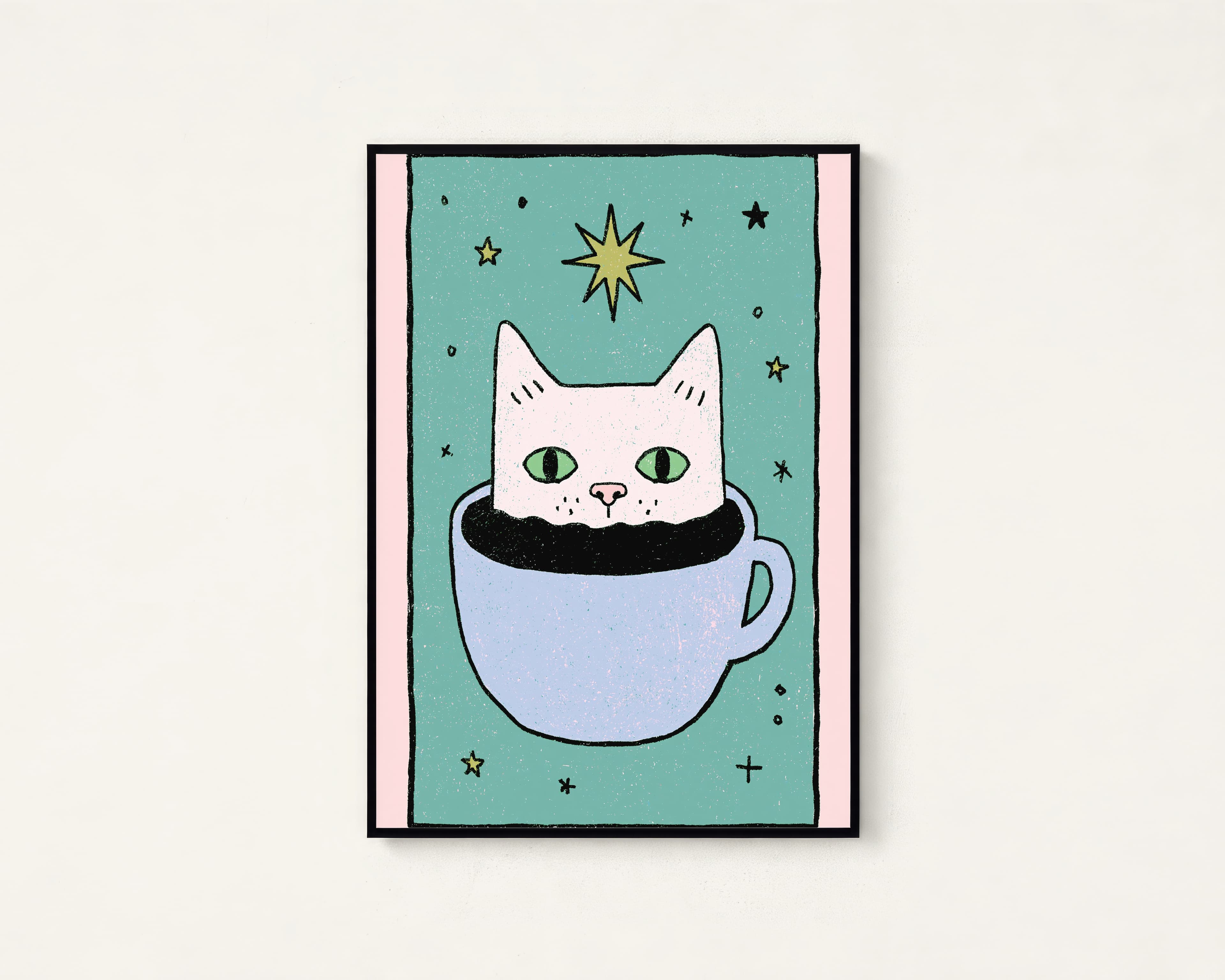 Cat in Coffee Mug Stars Wall Art