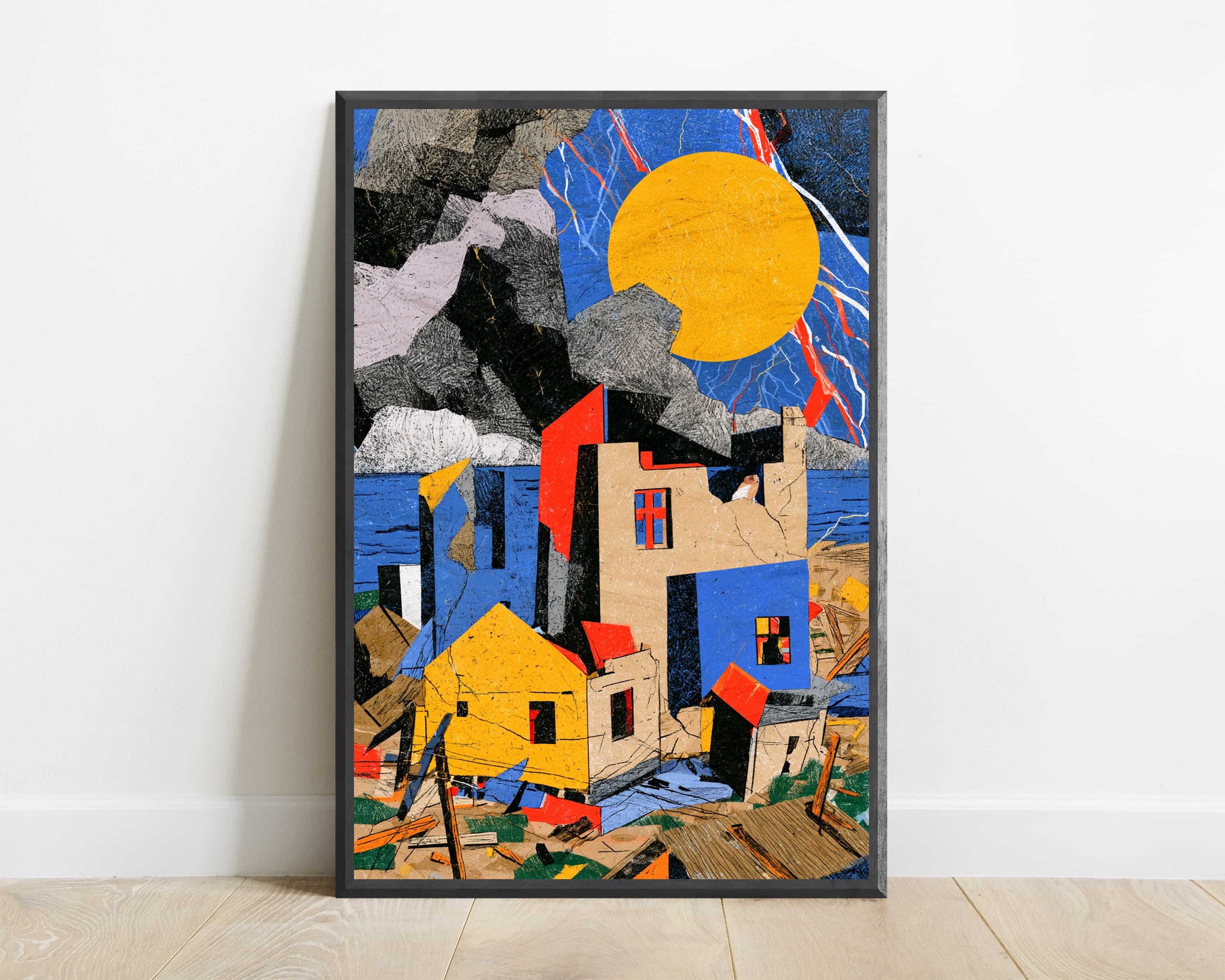 Coastal Houses Golden Sun Collage Art — view 1