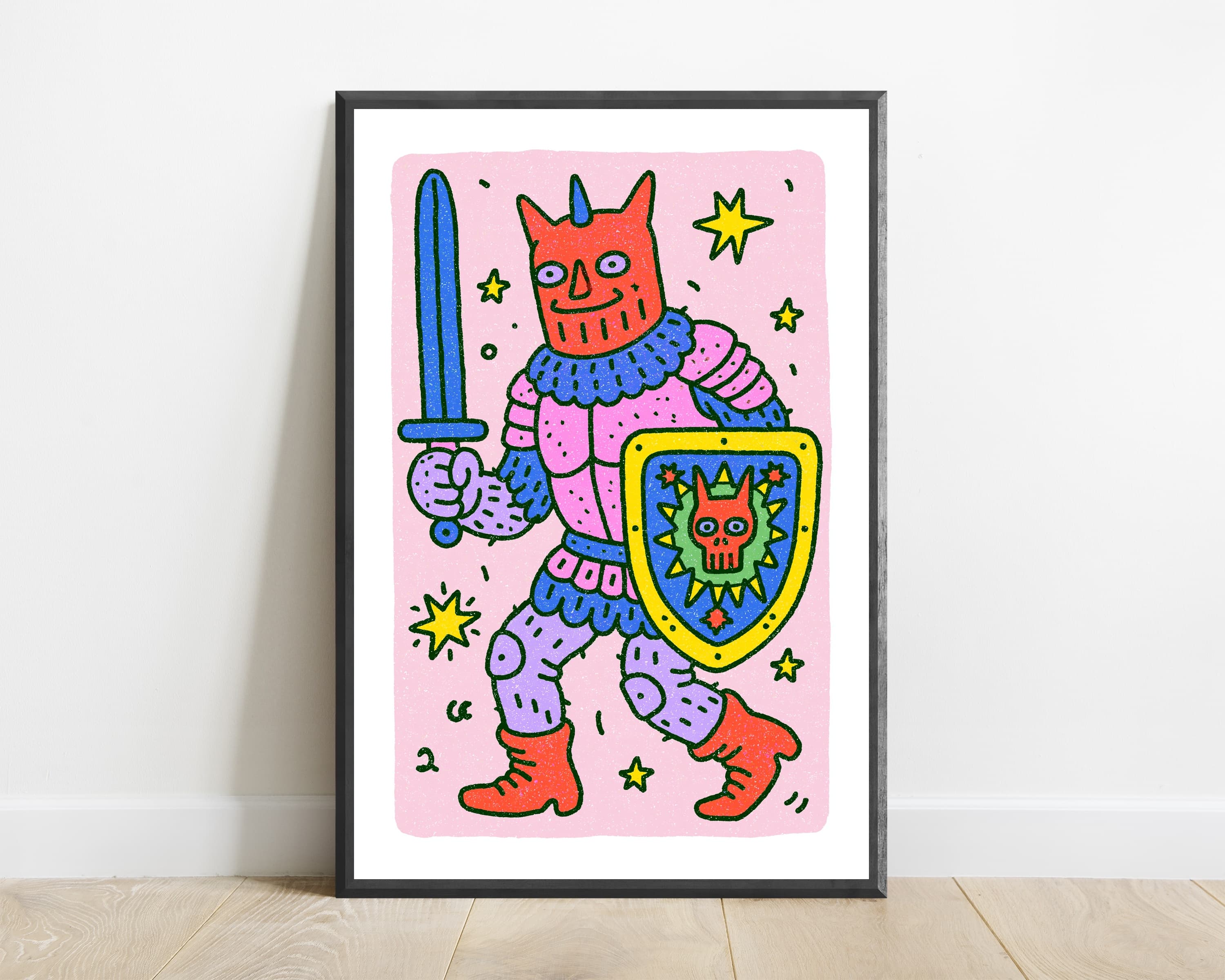 Colorful Demon Warrior with Sword Shield Pop Art Print — view 1