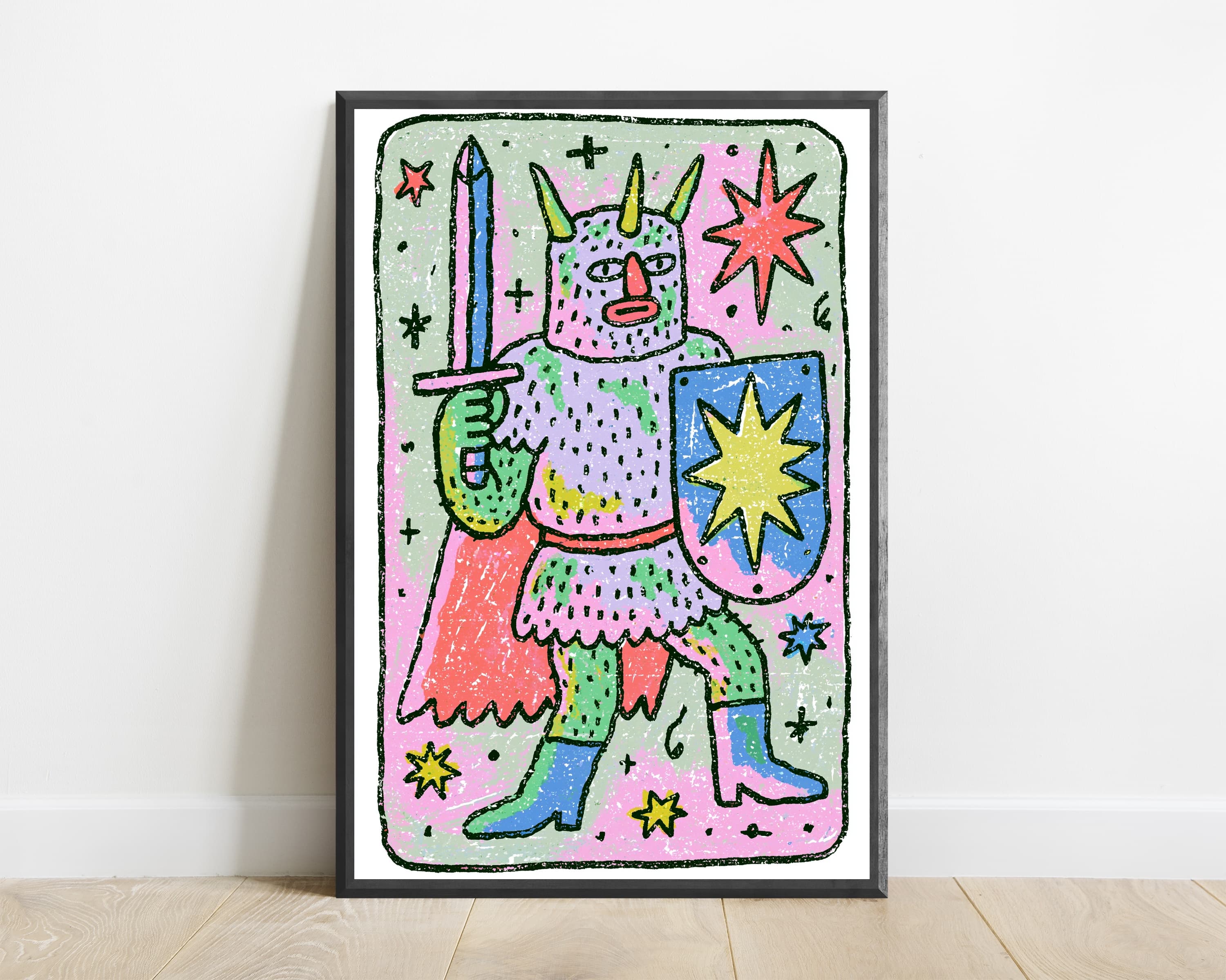 Colorful Demon Warrior with Sword Shield Pop Art Print — view 1