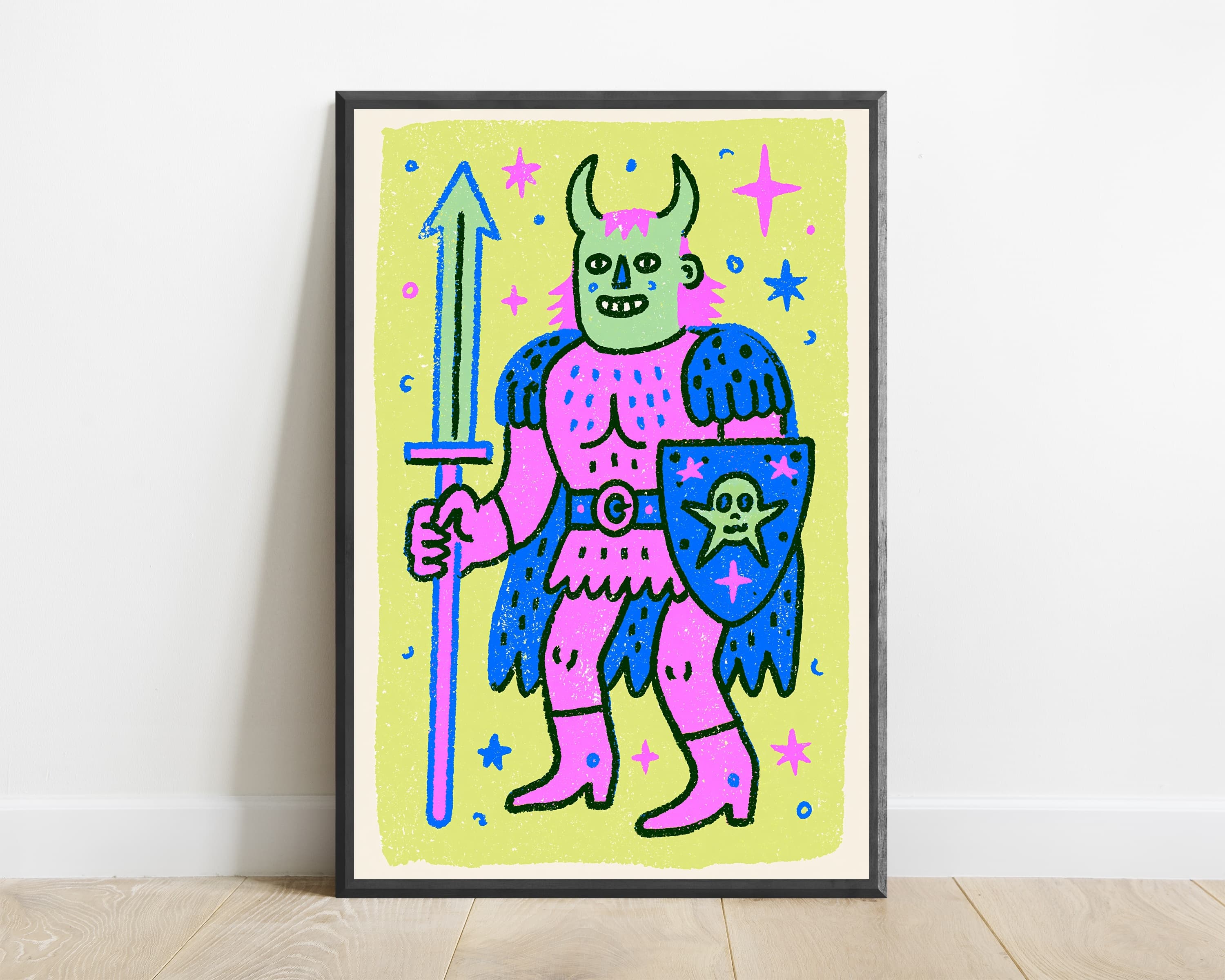 Colorful Demon Warrior with Sword Shield Pop Art Print — view 1