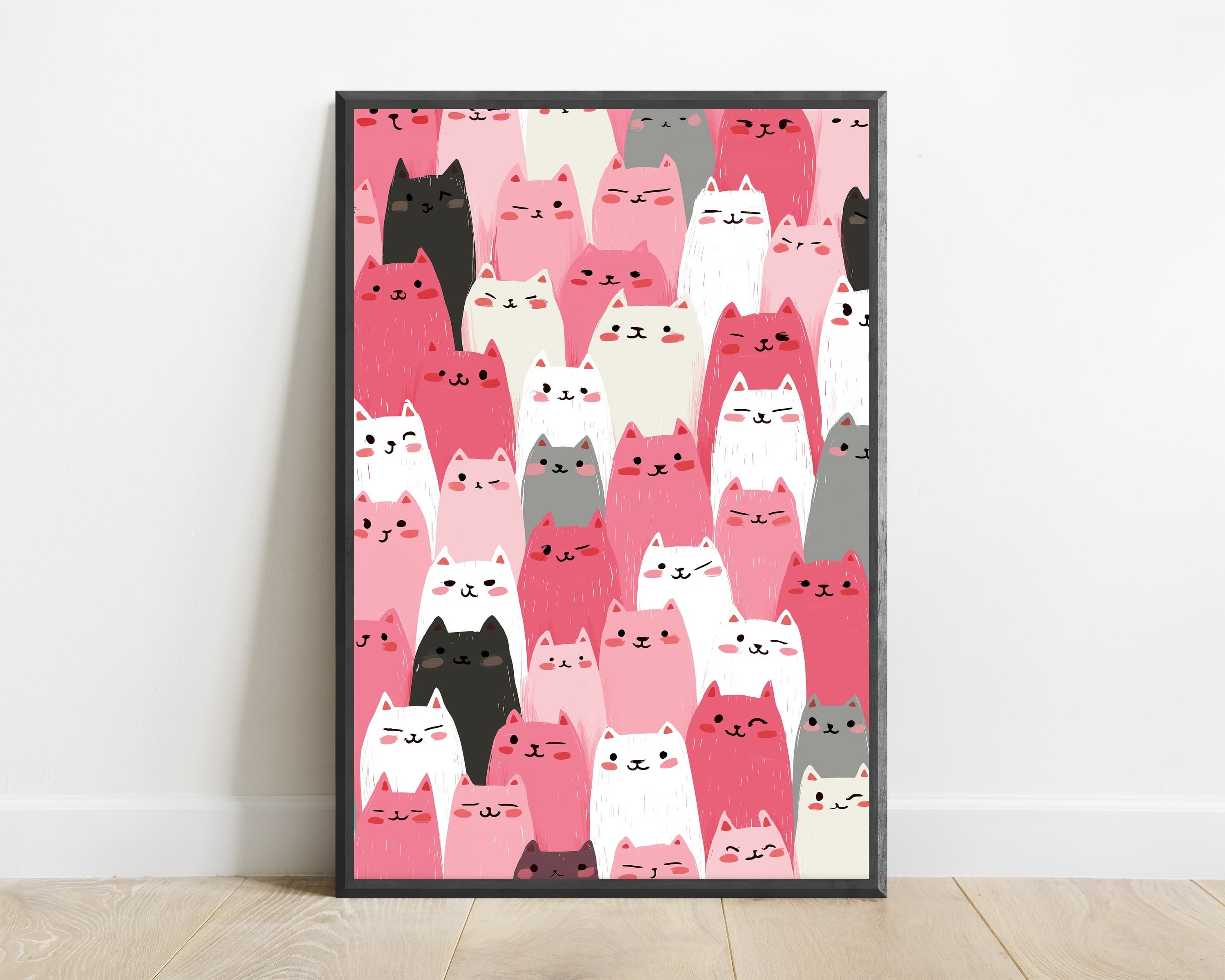 Cute Cat Crowd Pink Art Print — view 1