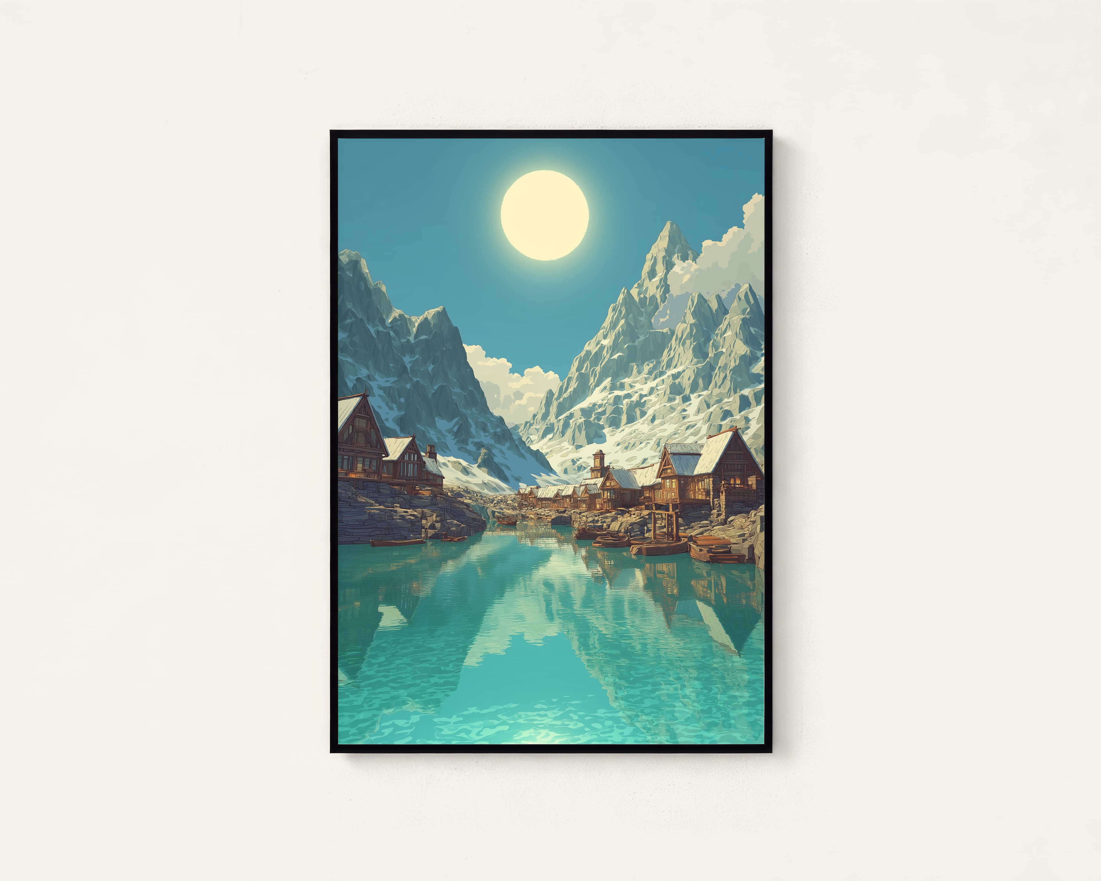 Alpine Lake Village Anime Art Print