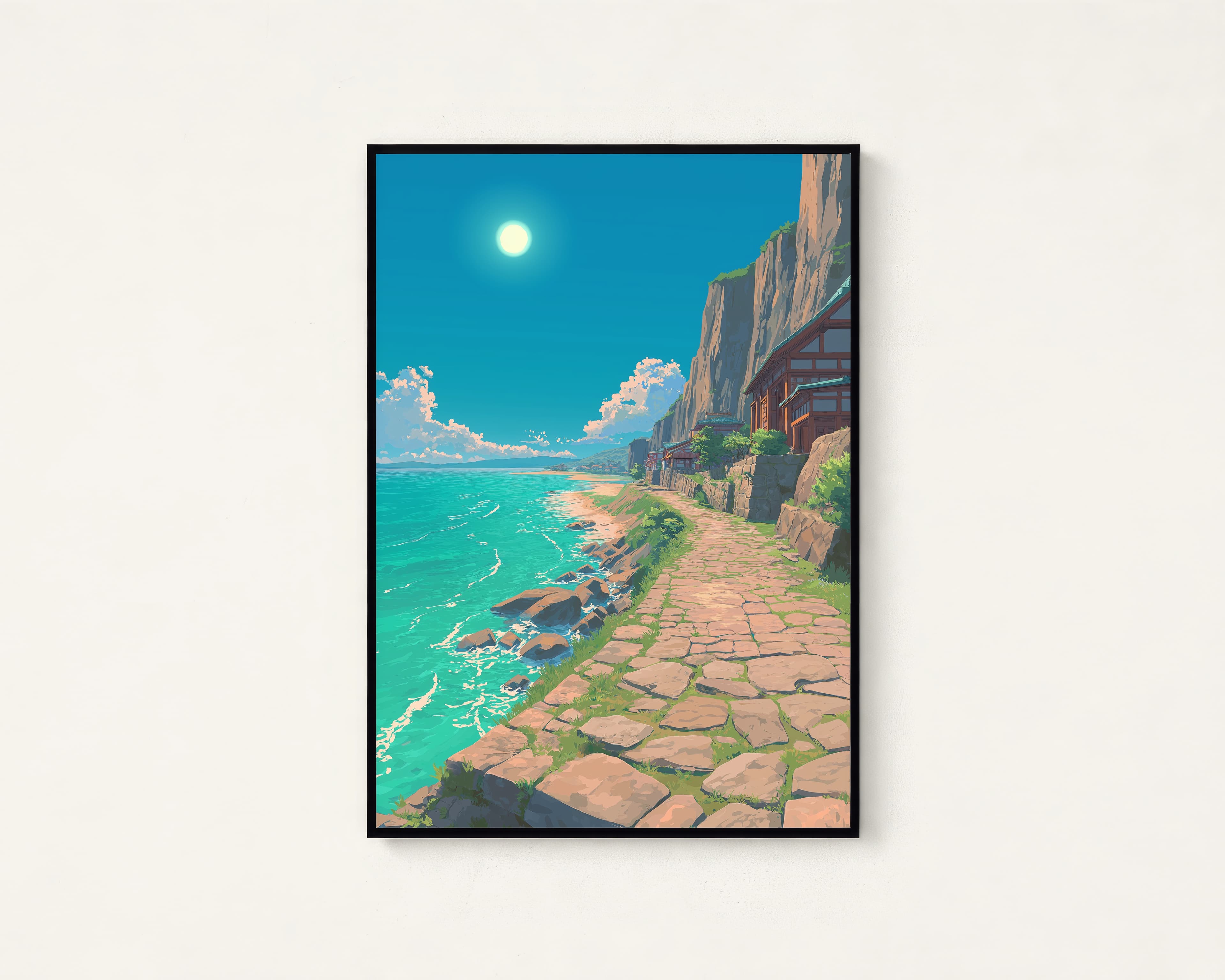 Seaside Town Stone Pathway Anime Art Print