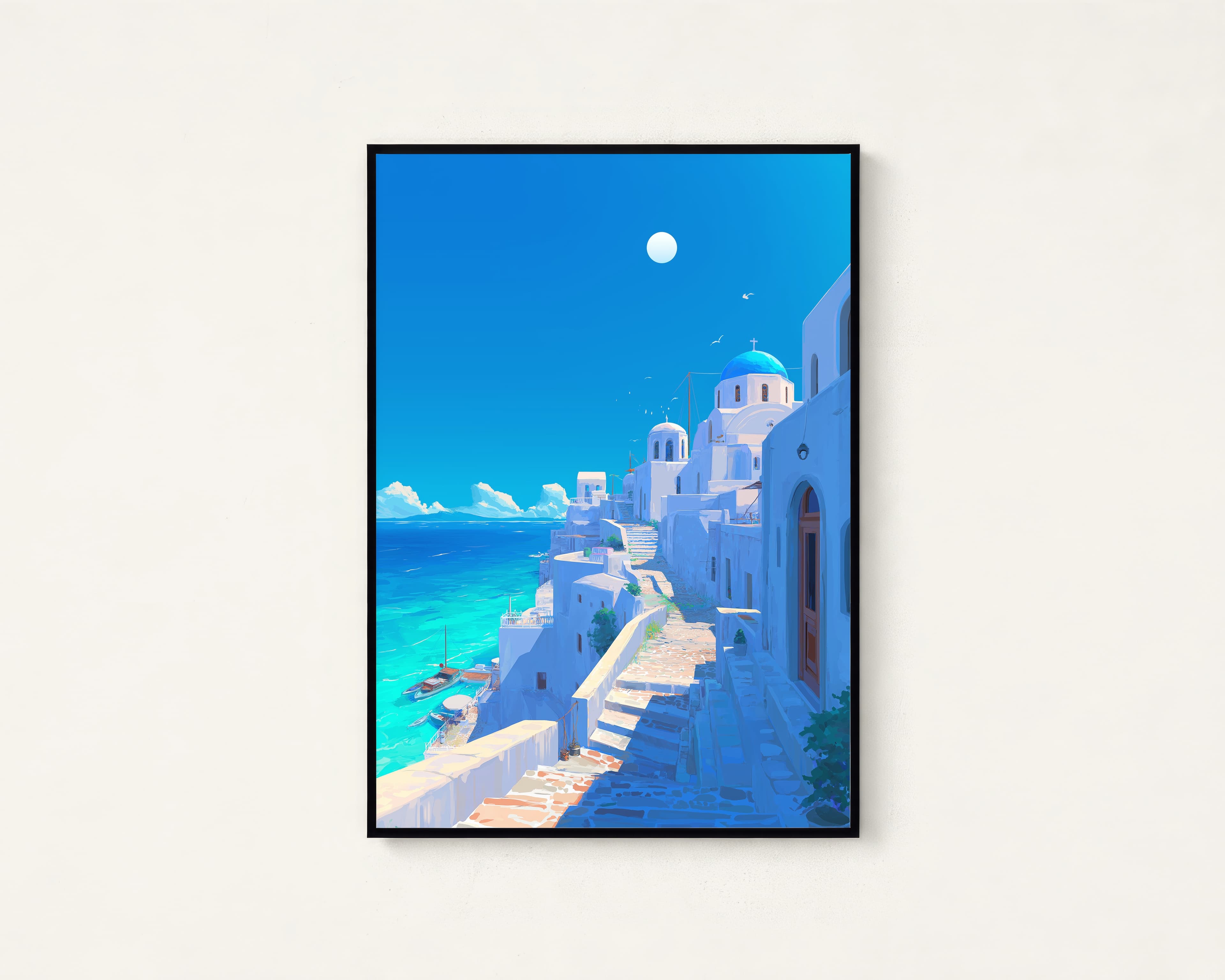 Santorini Whitewashed Anime Art Print