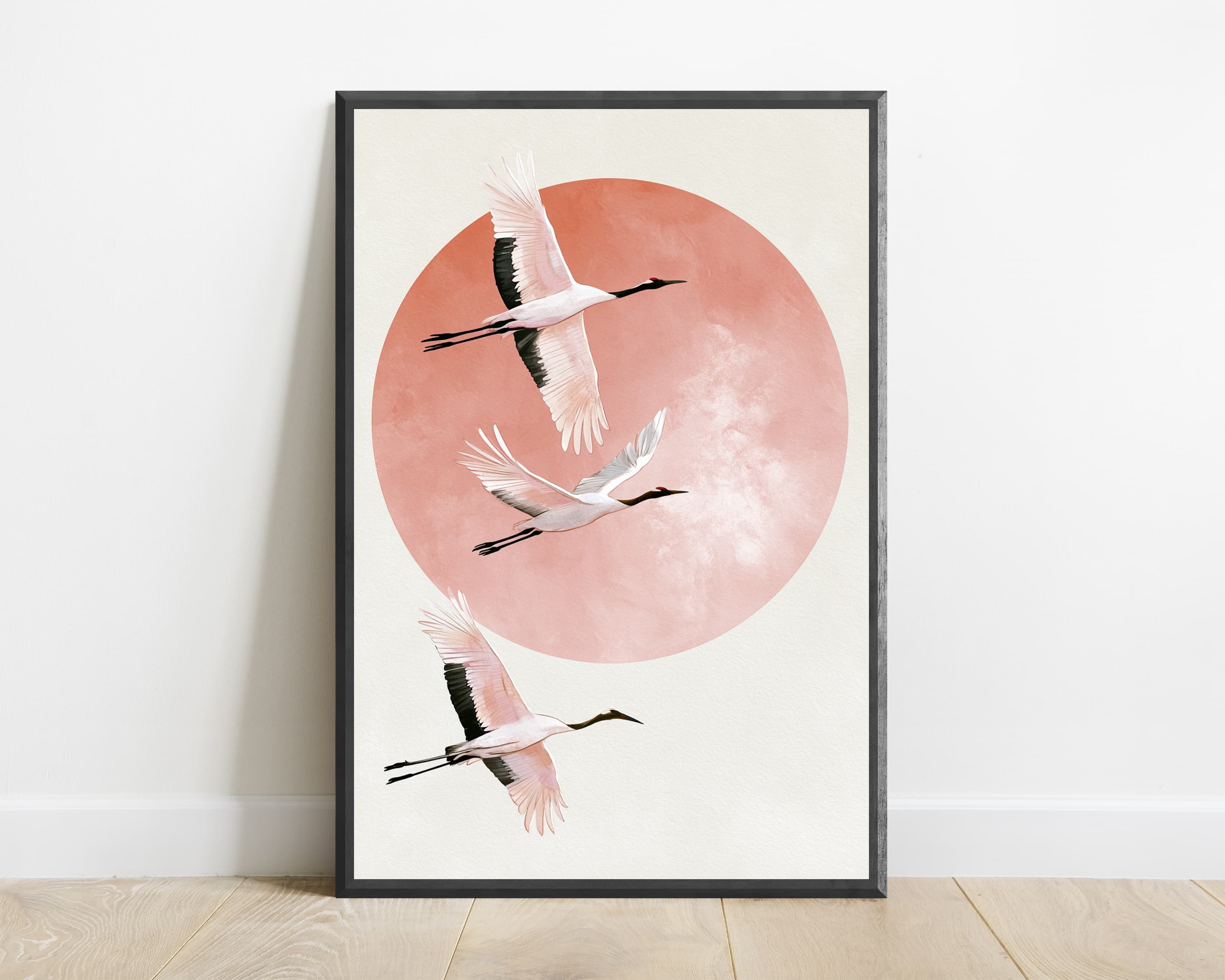 Flying Cranes Coral Sun Illustrated Print — view 1