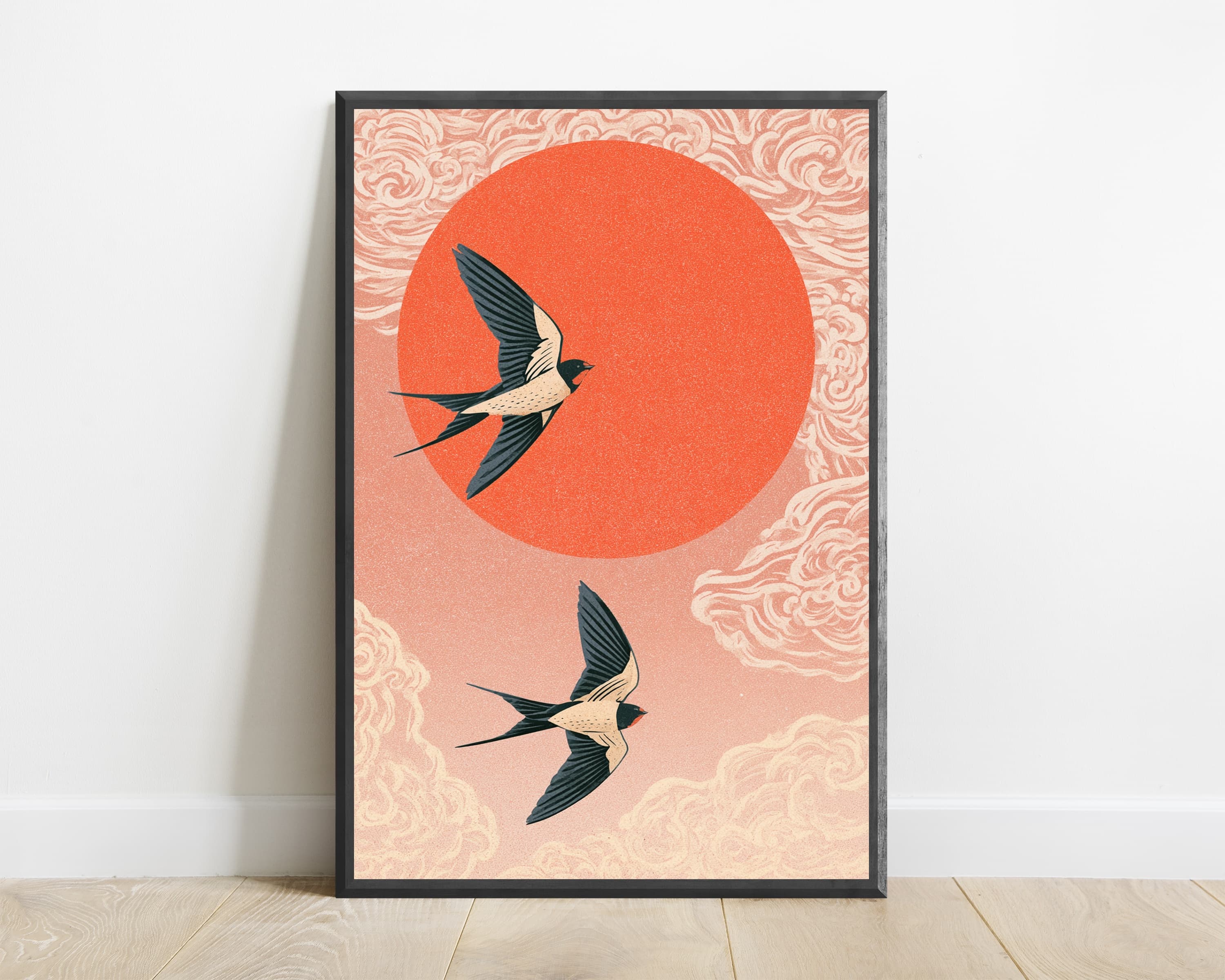 Flying Swallows Red Sun Print — view 1