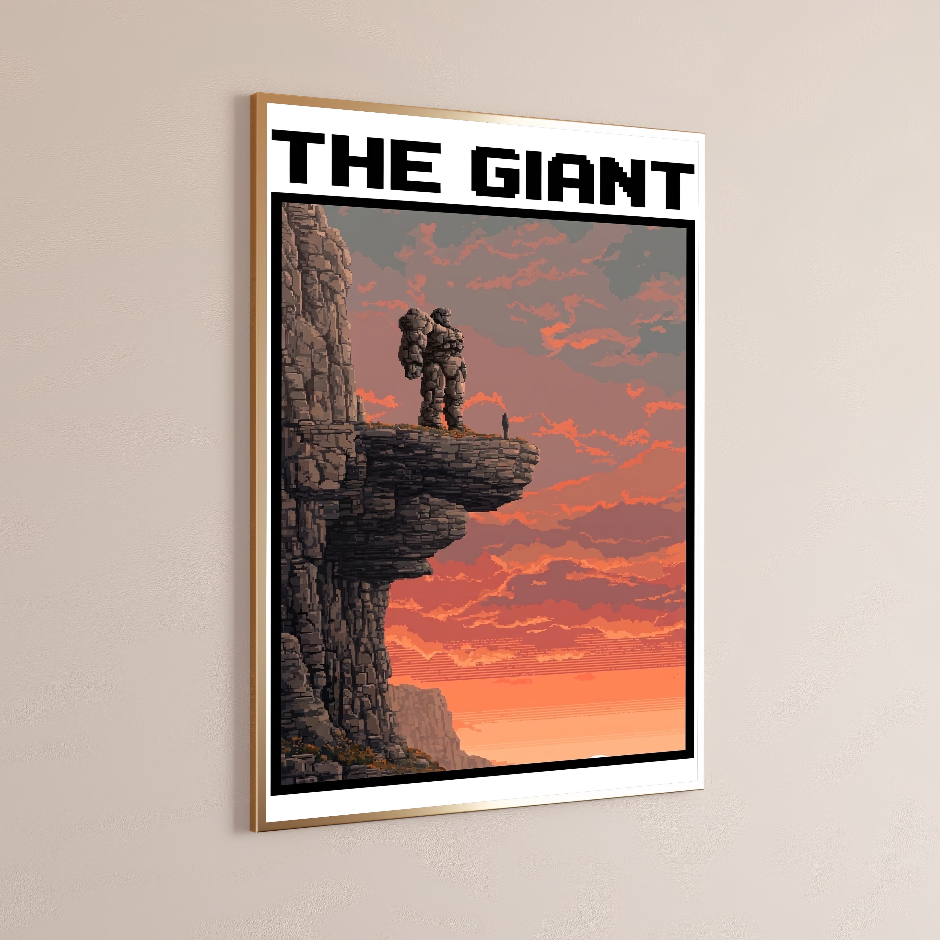 Giant Stone Warrior Cliff Sunset Pixel Art