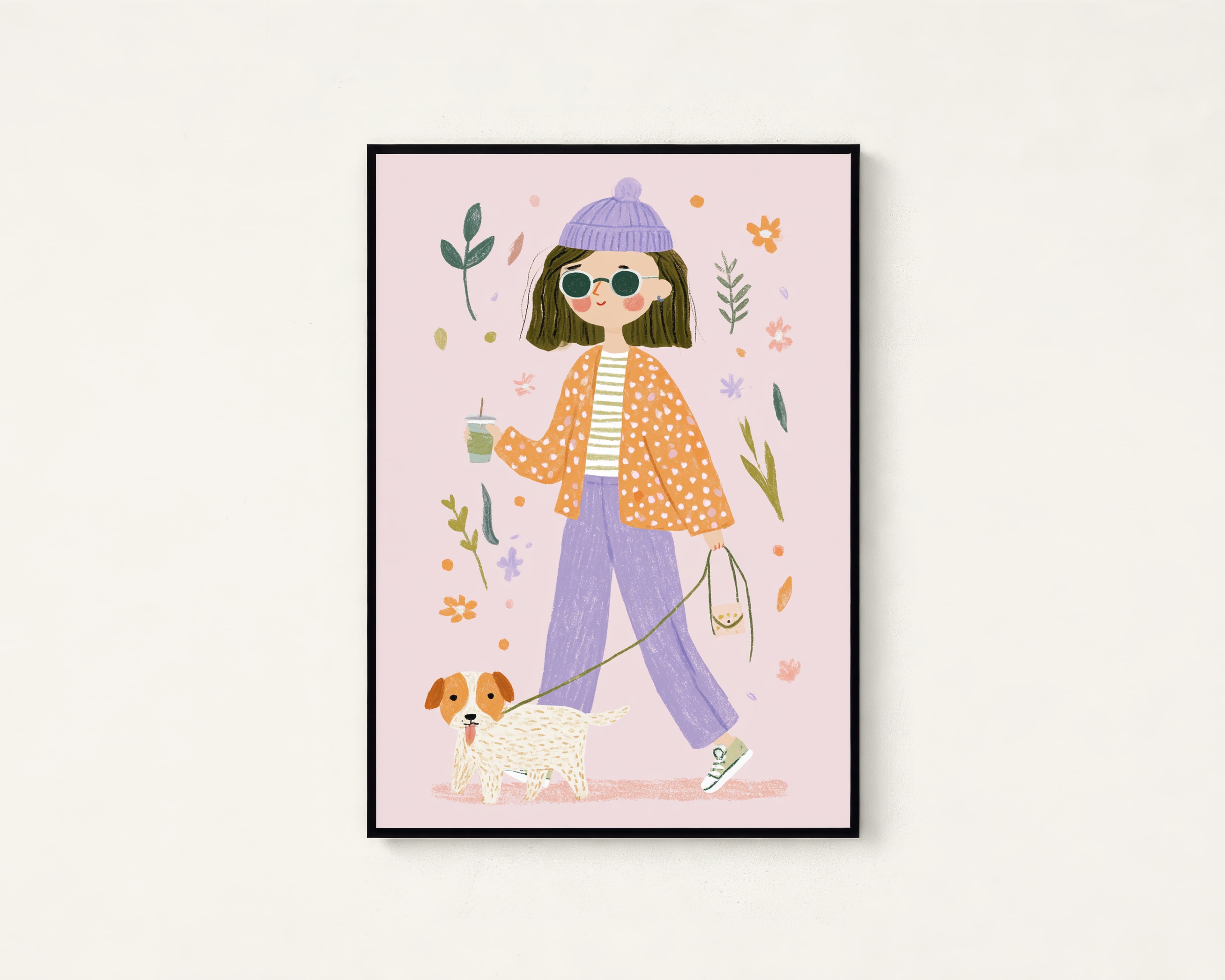 Girl with Dog Botanical Art Print