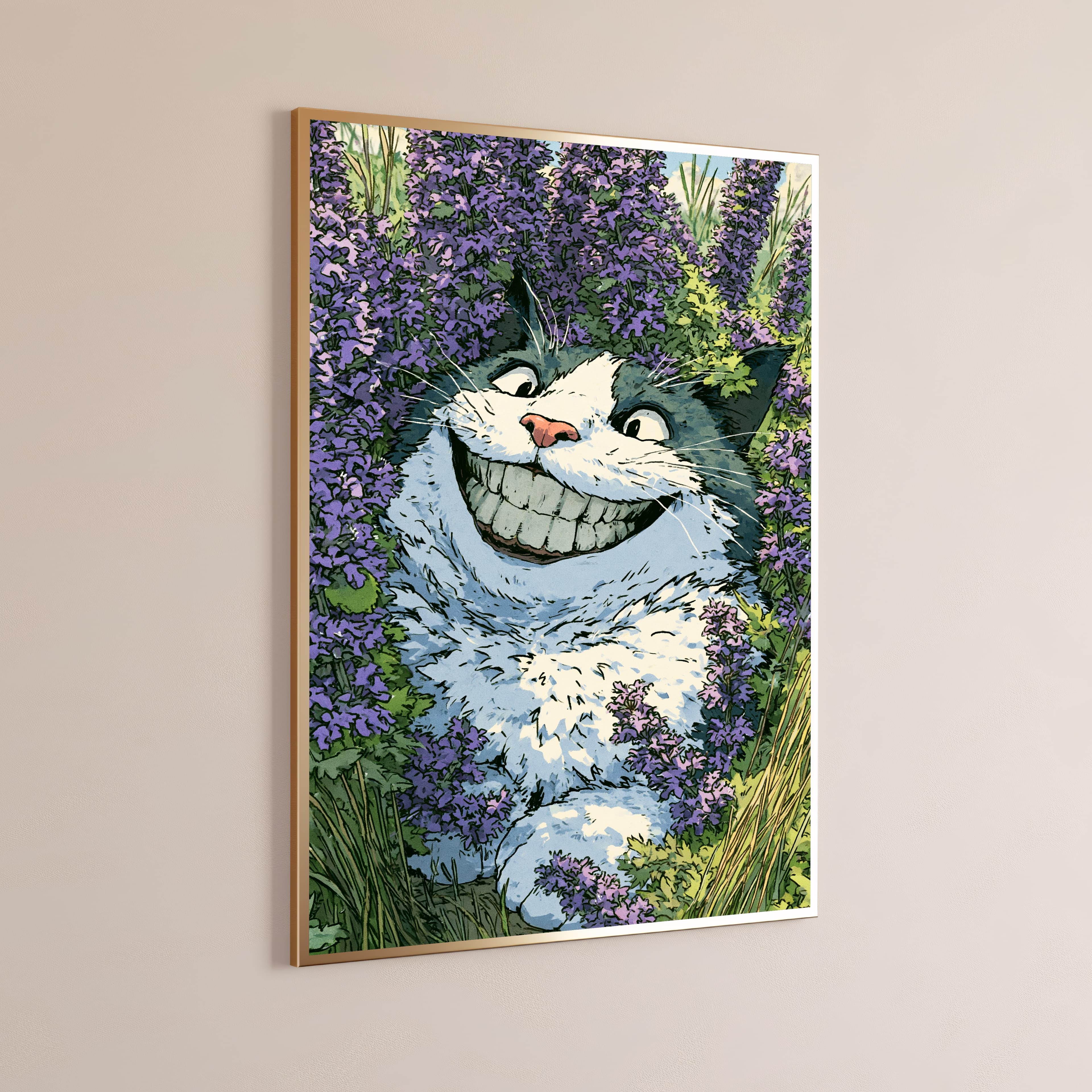 Grinning Cat in Lavender Garden Pop Art Print