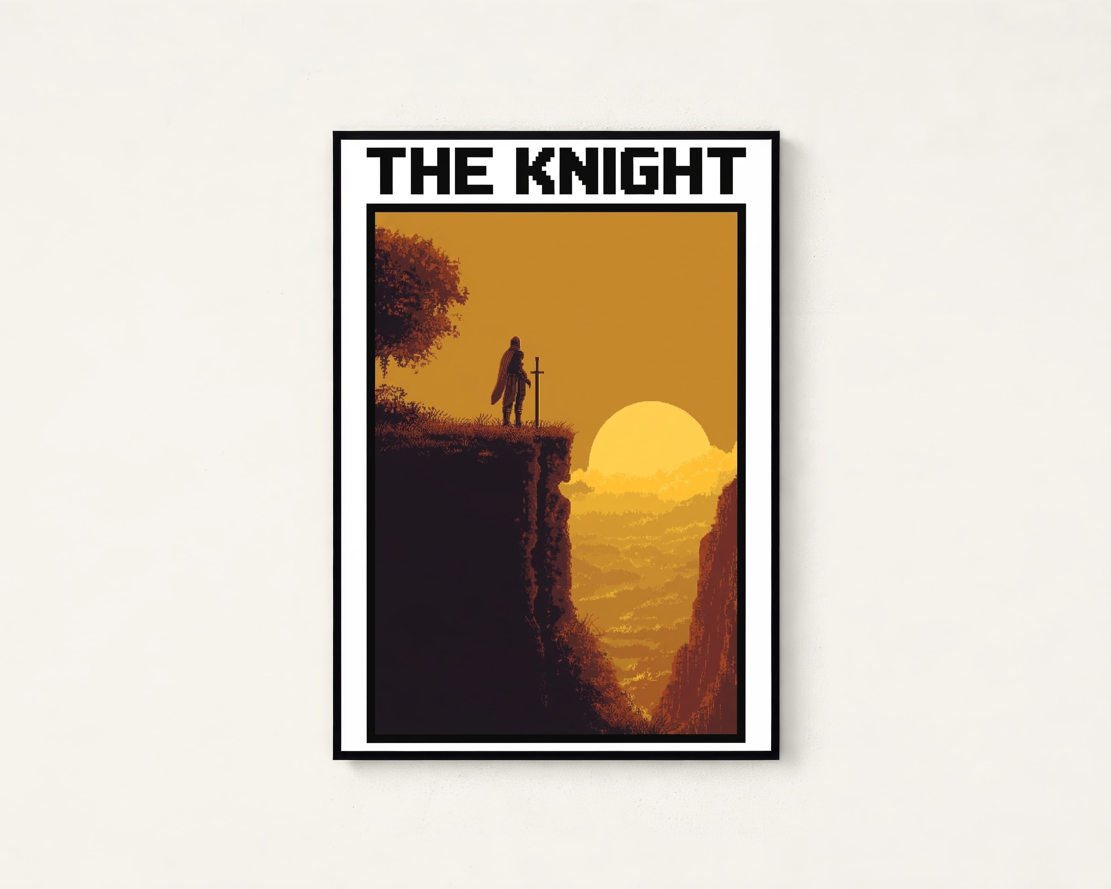 Medieval Knight Cliff Sunset Pixel Art
