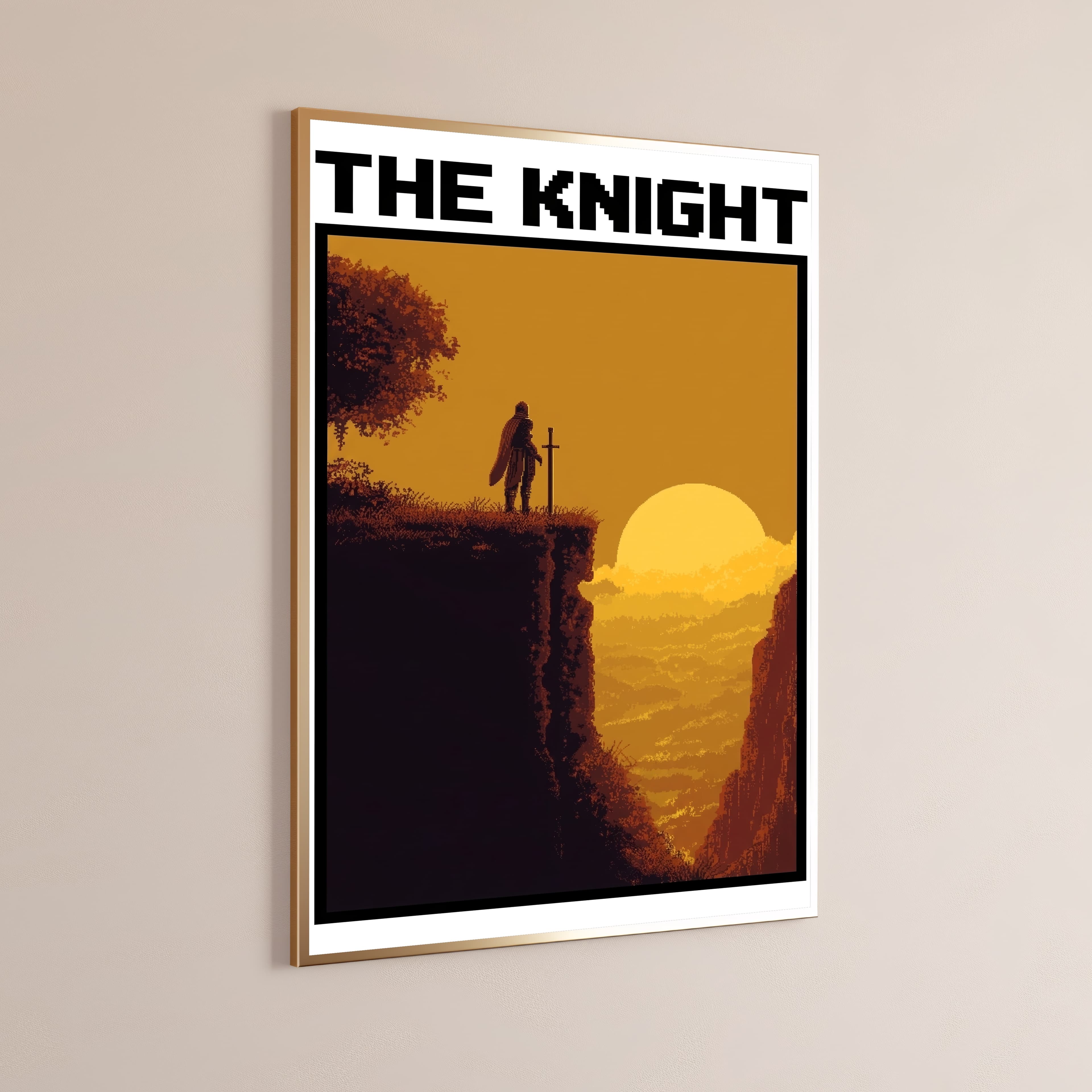 Medieval Knight Cliff Sunset Pixel Art