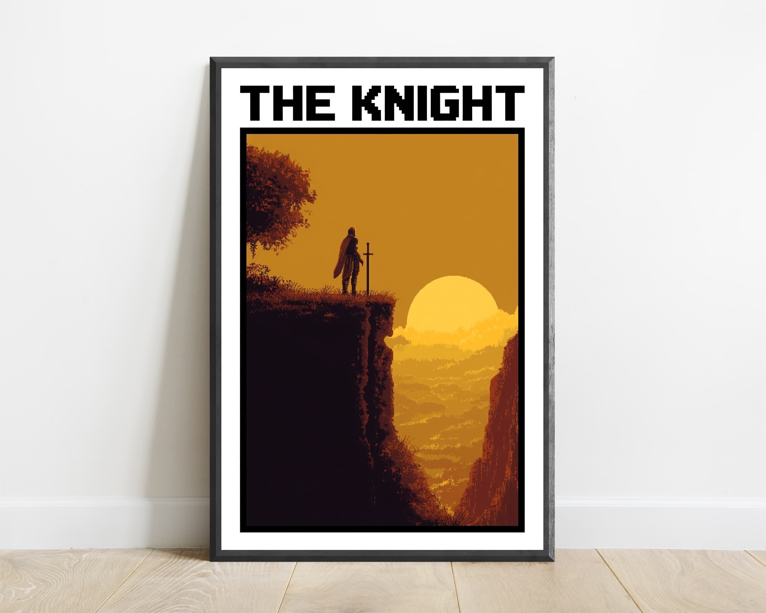 Medieval Knight Cliff Sunset Pixel Art — view 1