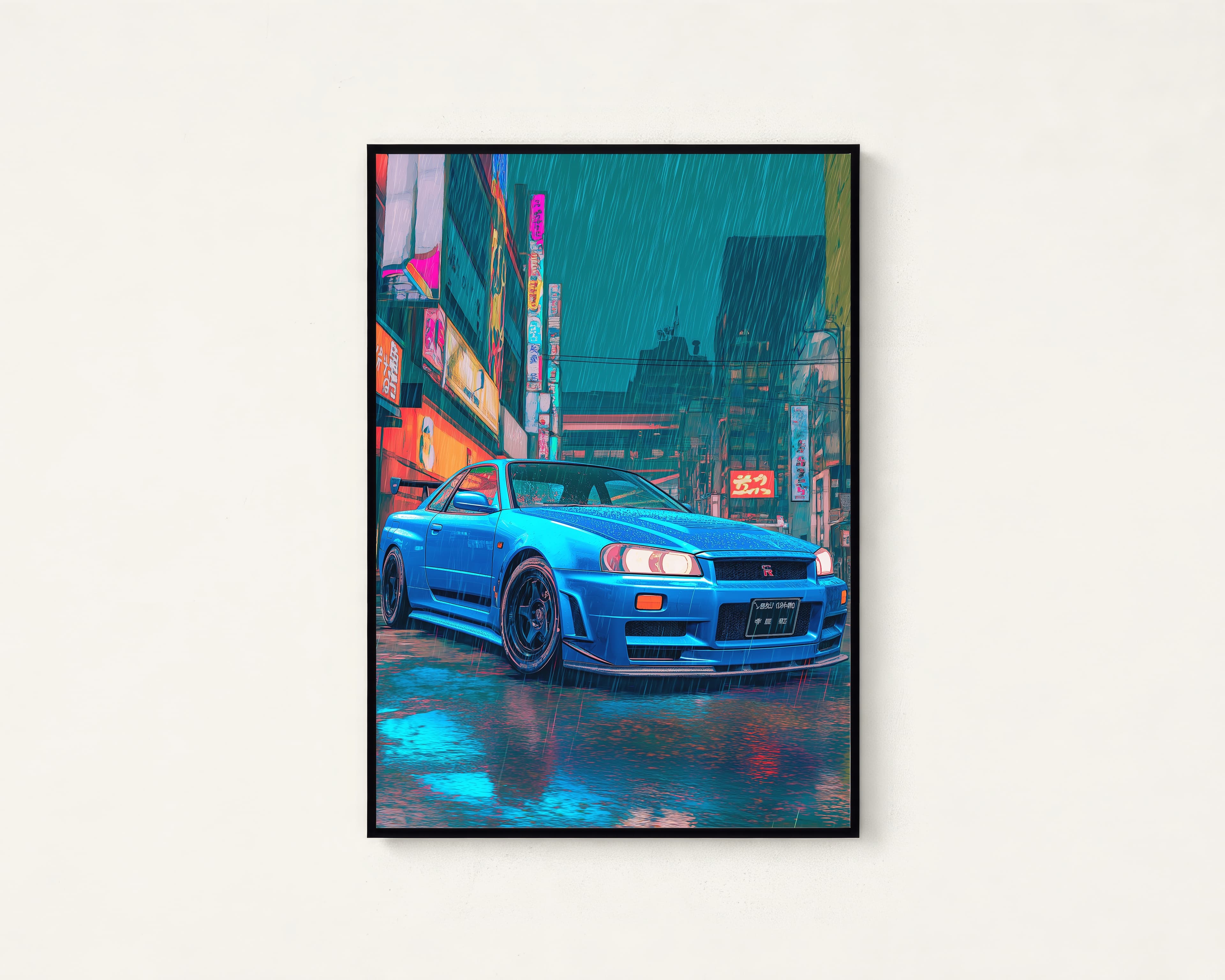 Neon Blue Sports Car Rainy City Print