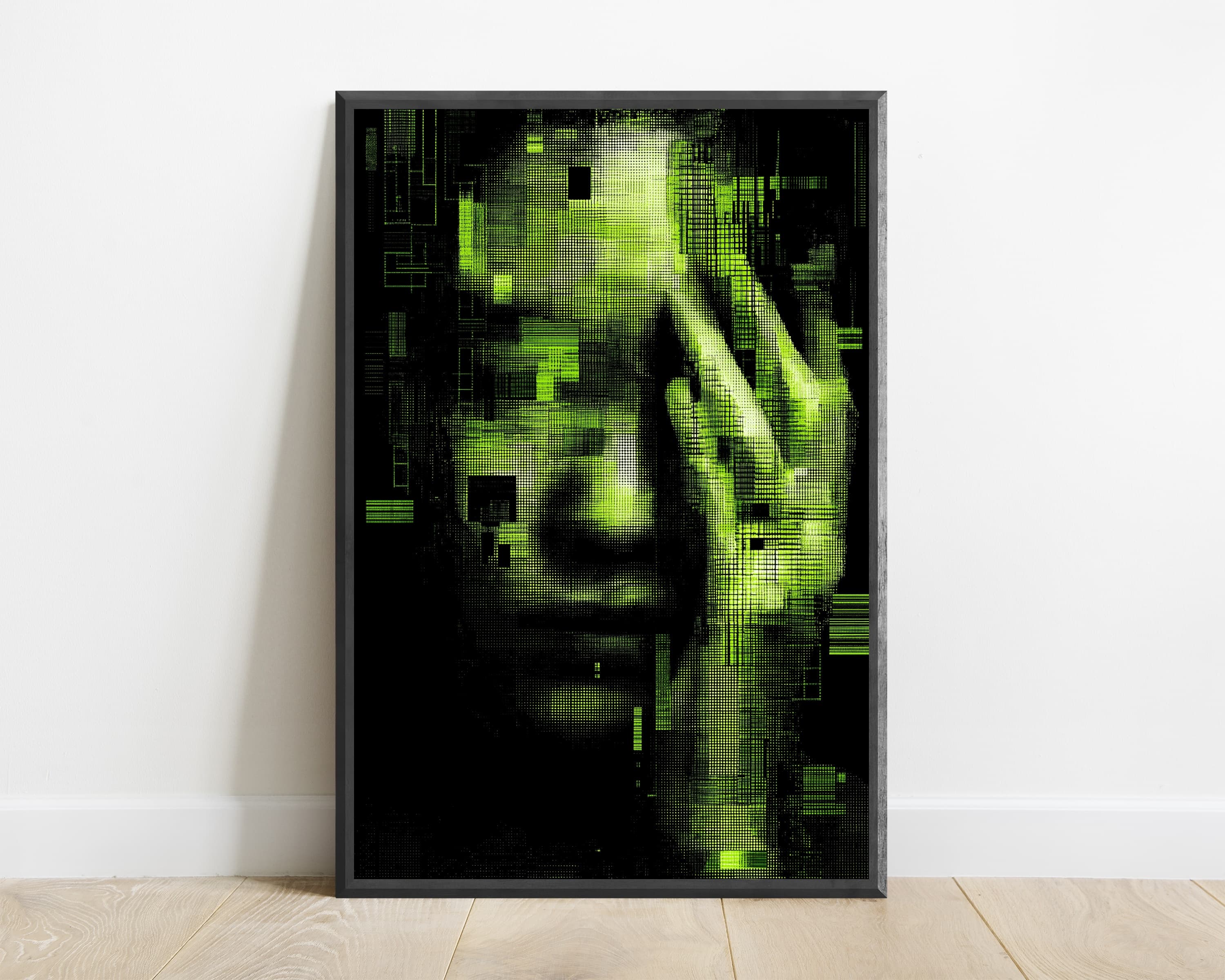 Neon Matrix Portrait Glitch Art Print — view 1