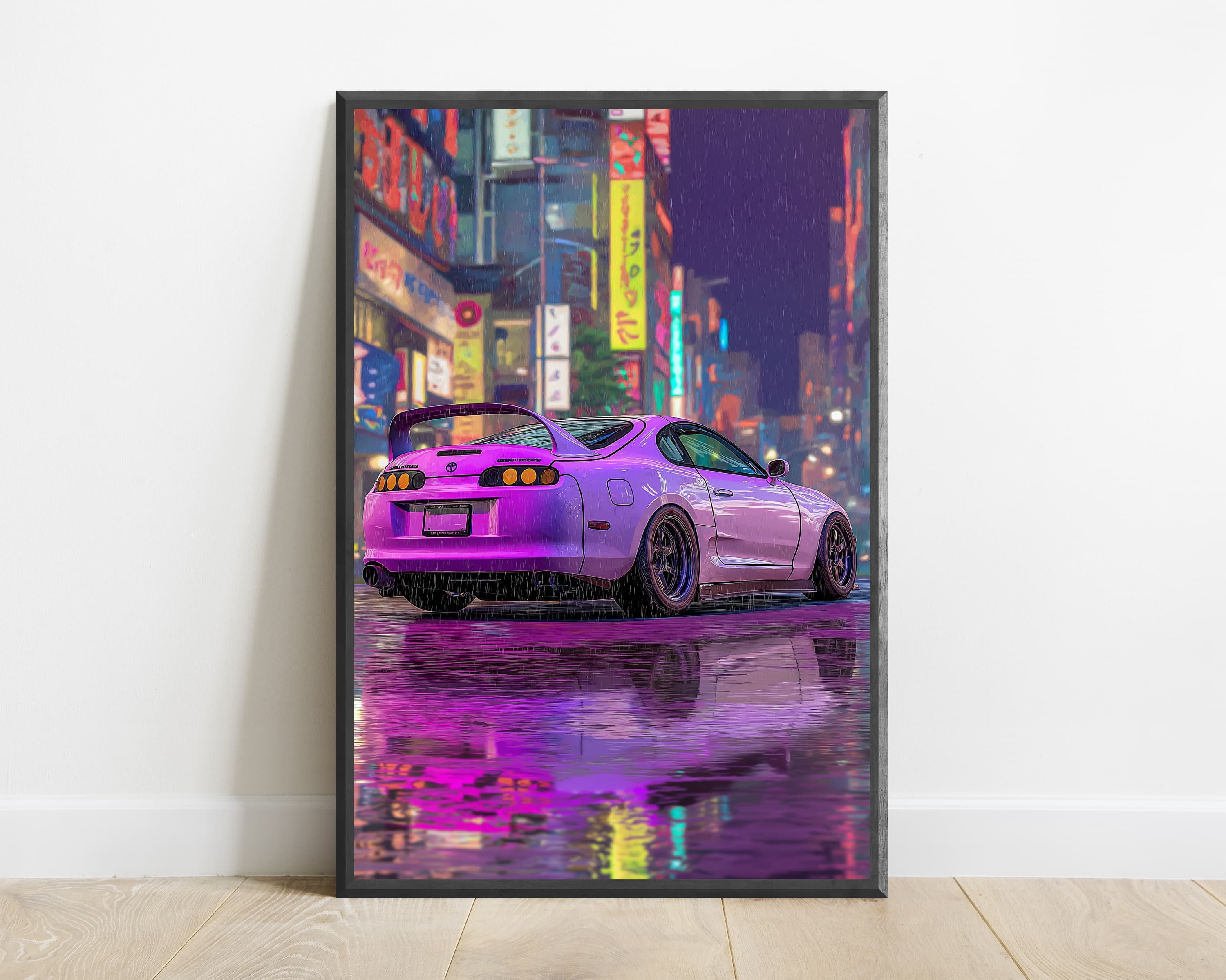 Neon Pink Sports Car Rainy City Print — view 1