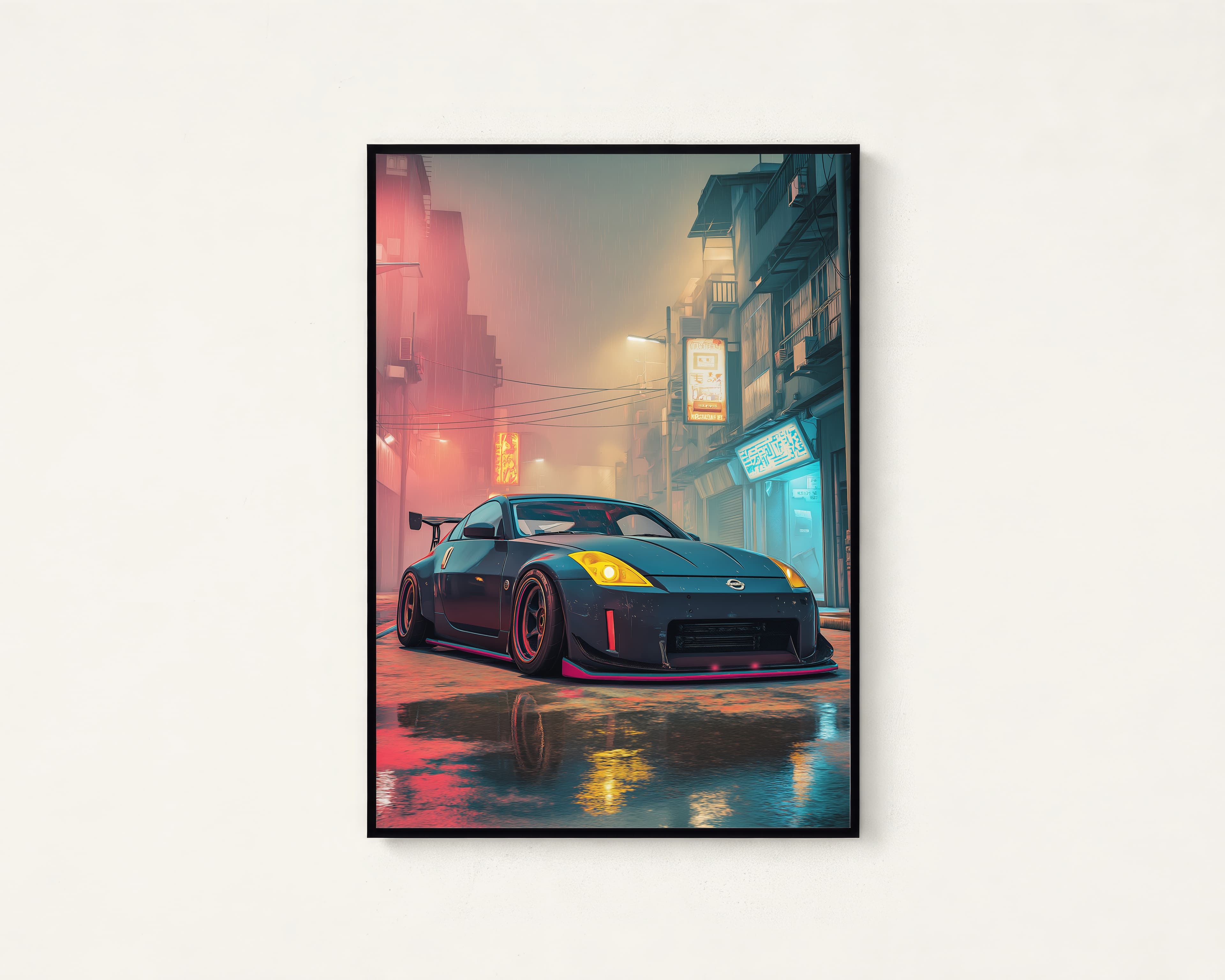 Neon Sports Car Rainy City Print