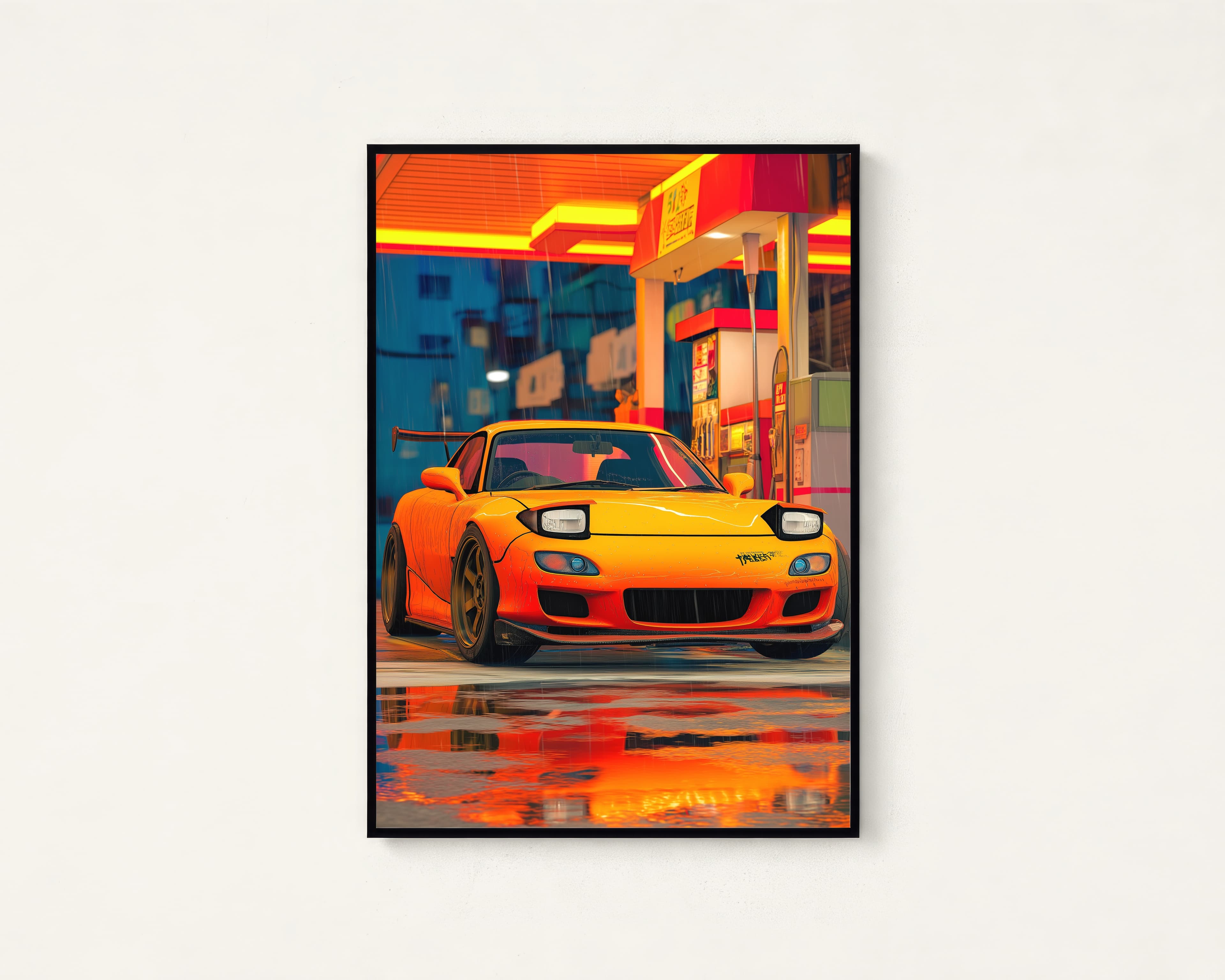 Orange Sports Car Neon City Rain Print