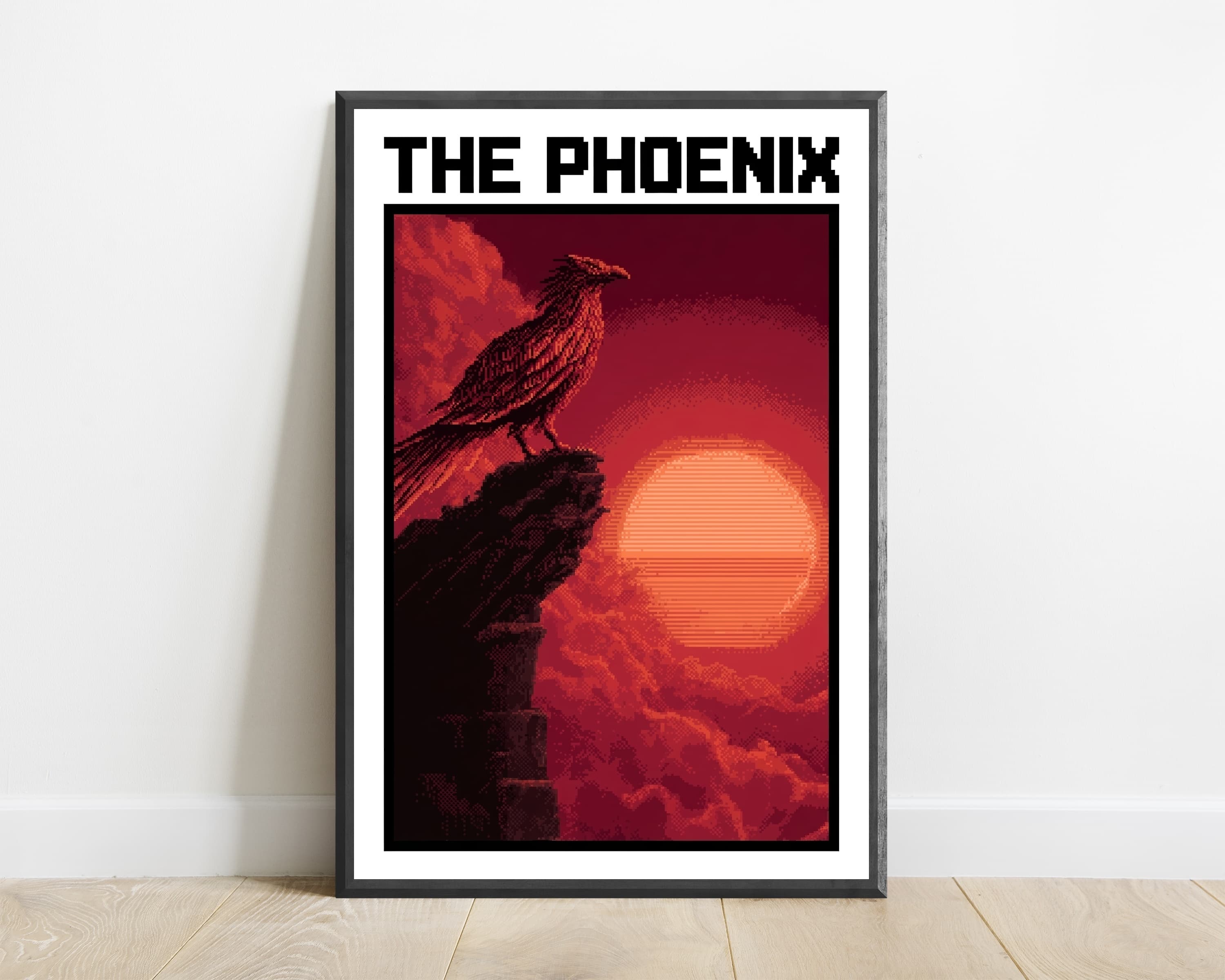Phoenix Rising Red Sun Pixel Art Print — view 1