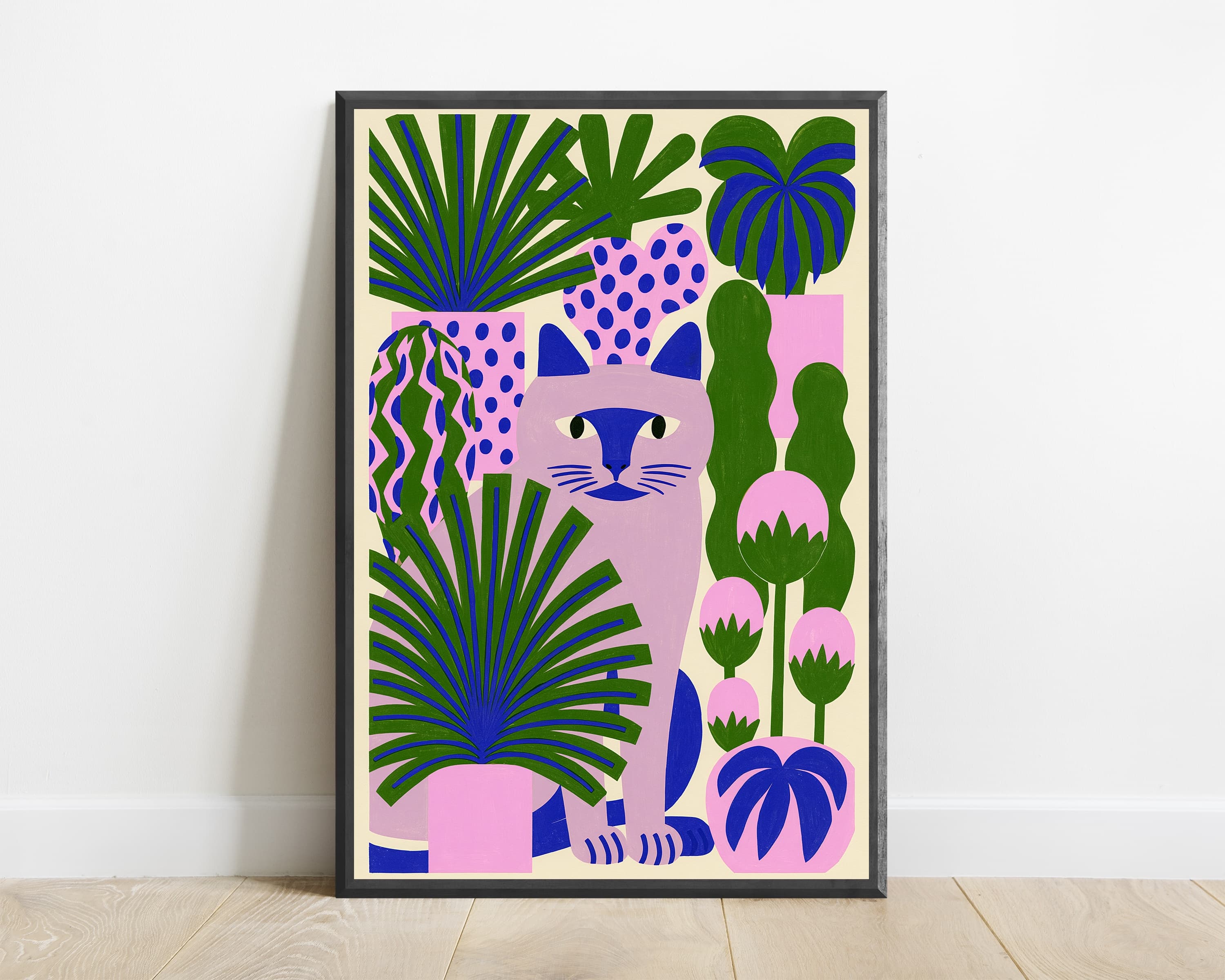 Pink Cat Jungle Botanical Wall Art — view 1