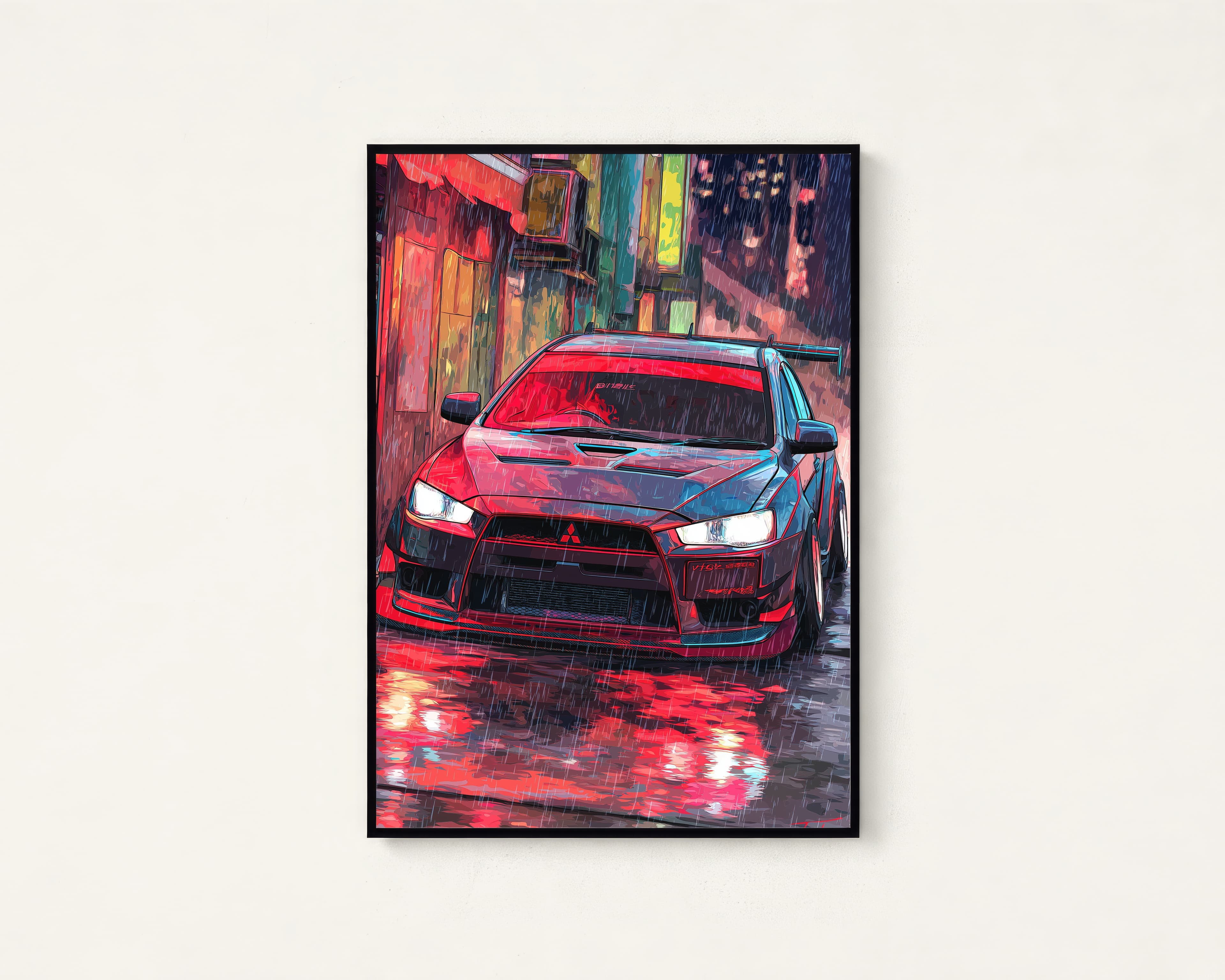 Red Sports Car Rain Neon City Print