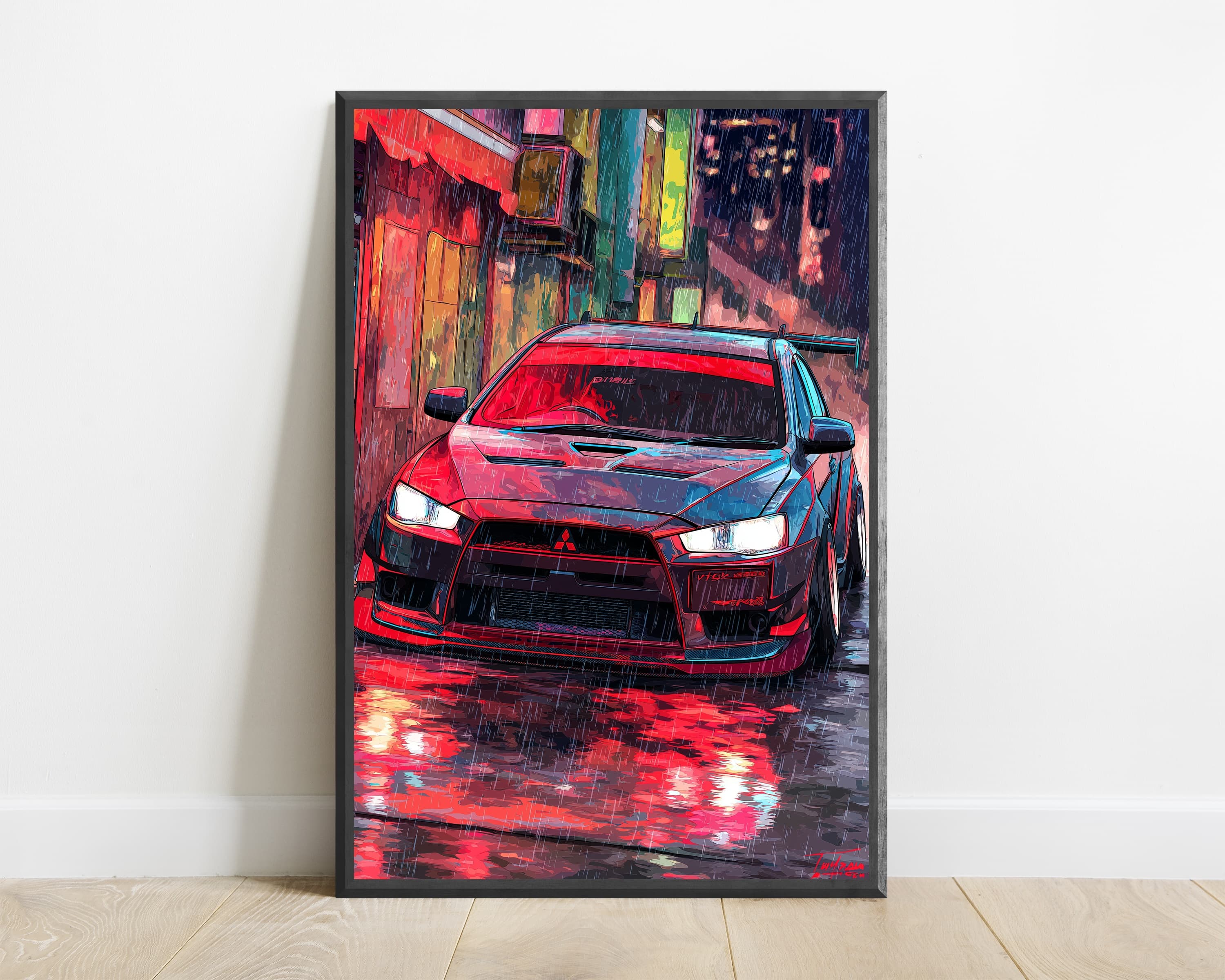 Red Sports Car Rainy Street Art Print — view 1