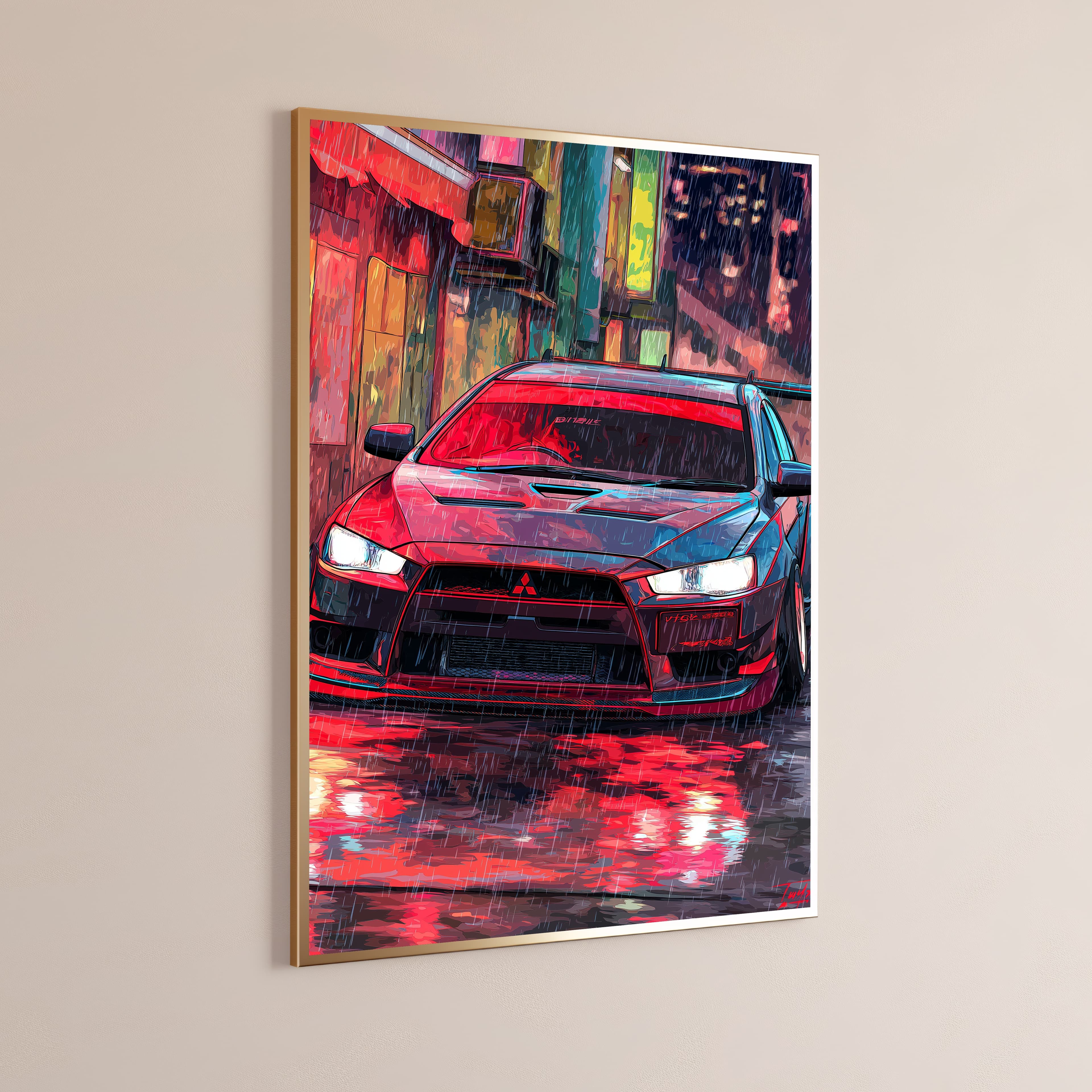Red Sports Car Rainy Street Art Print