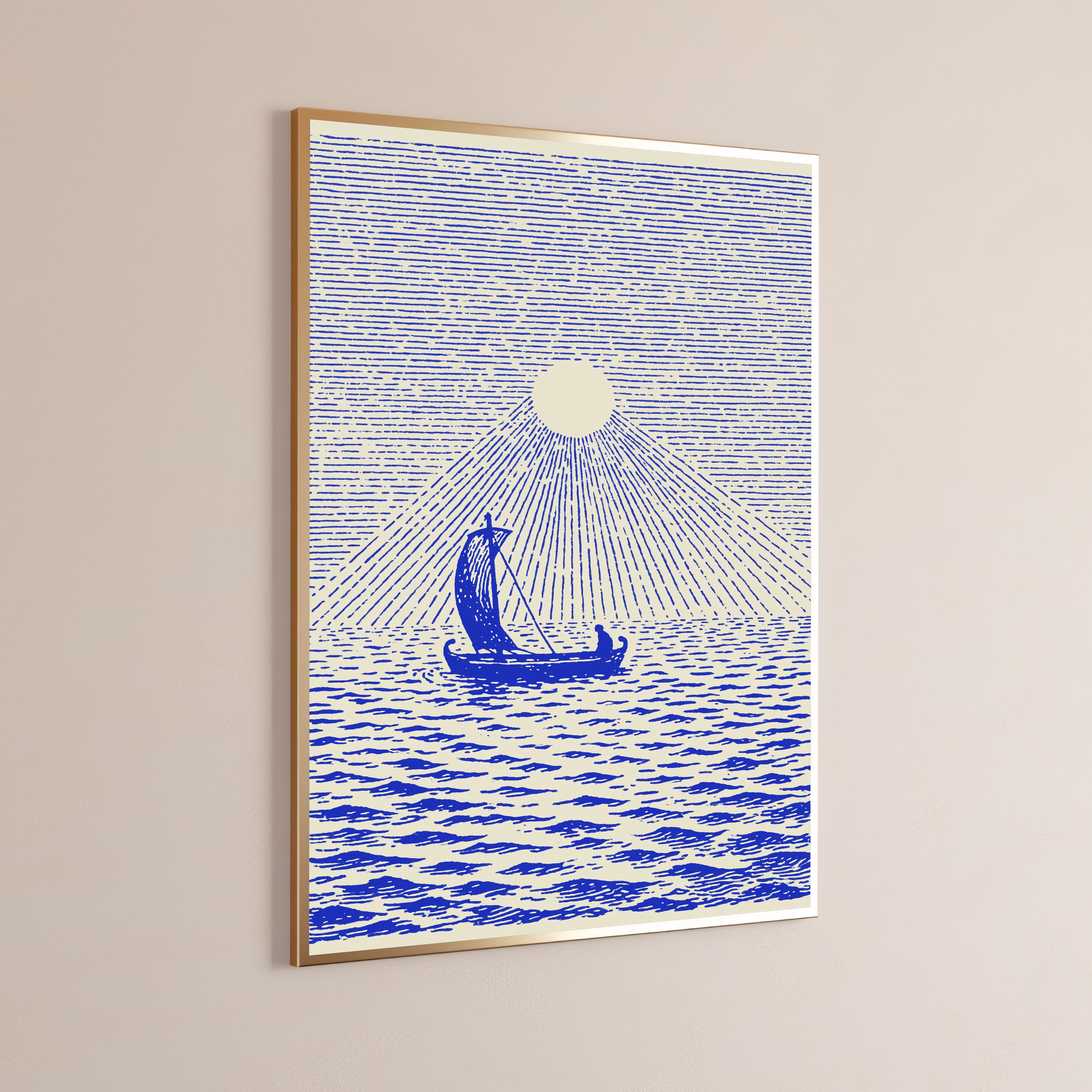 Sailing Boat Mountain Sunrise Line Art Print