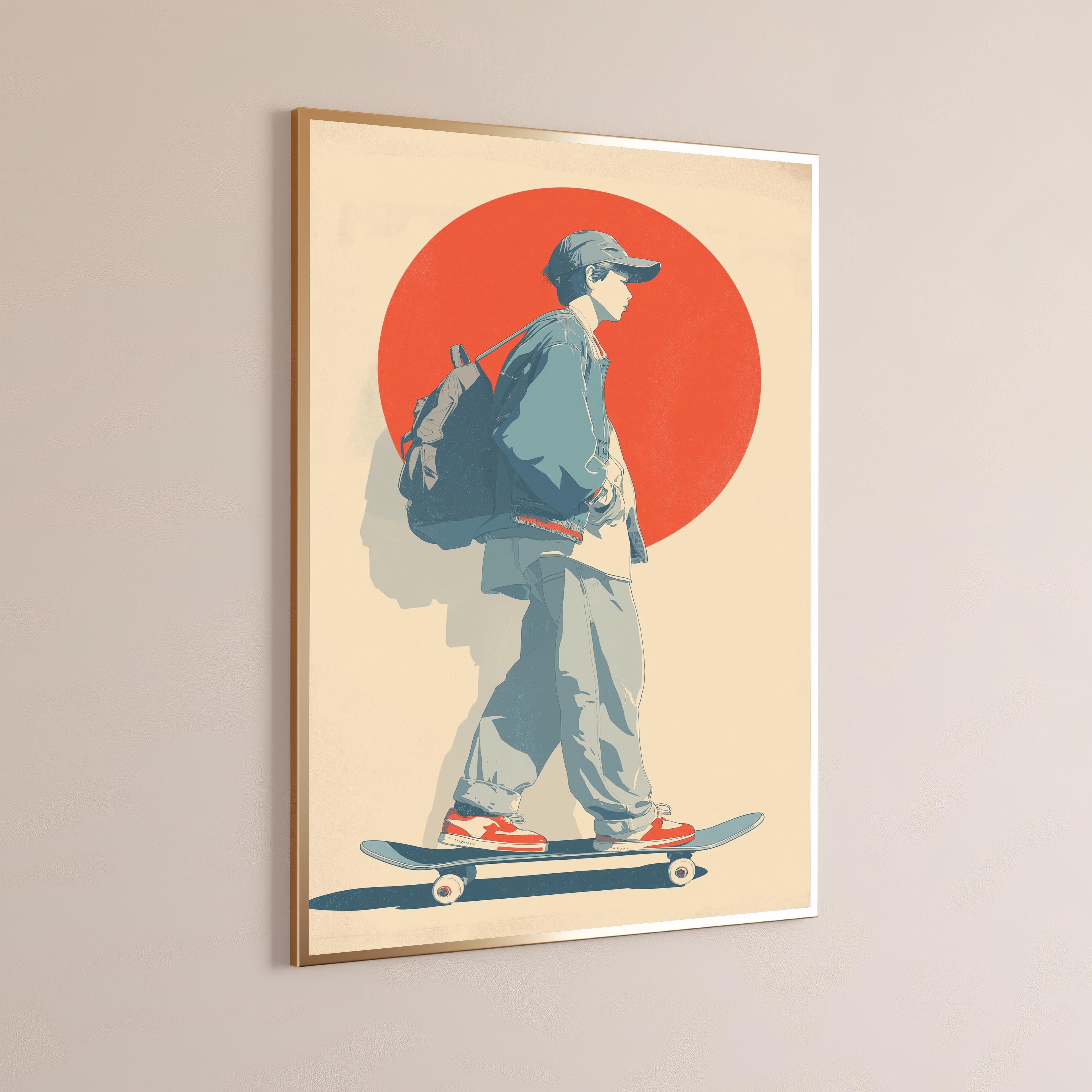 Skateboarder with Backpack Red Sun Print