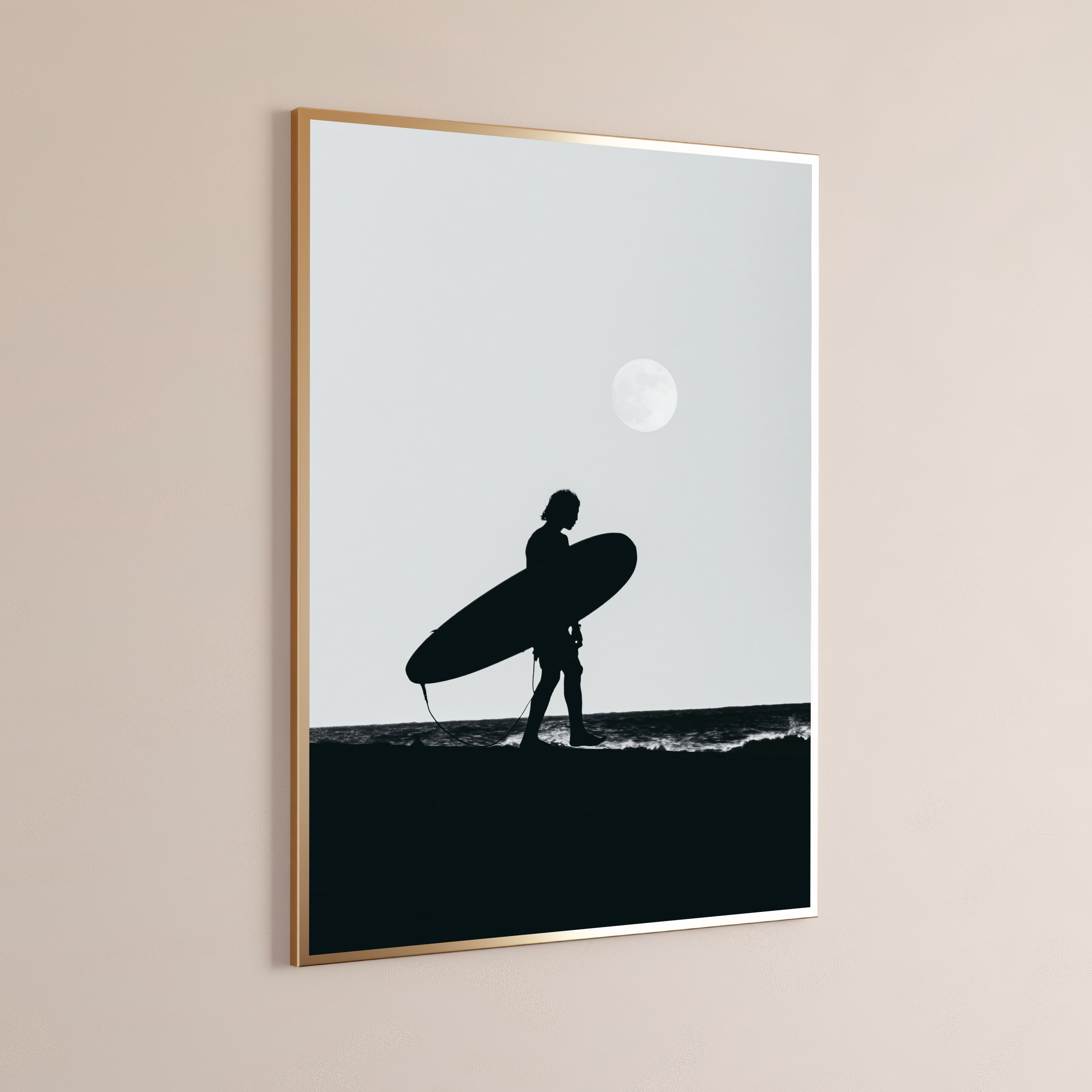 Surfer with Surfboard Silhouette Moon