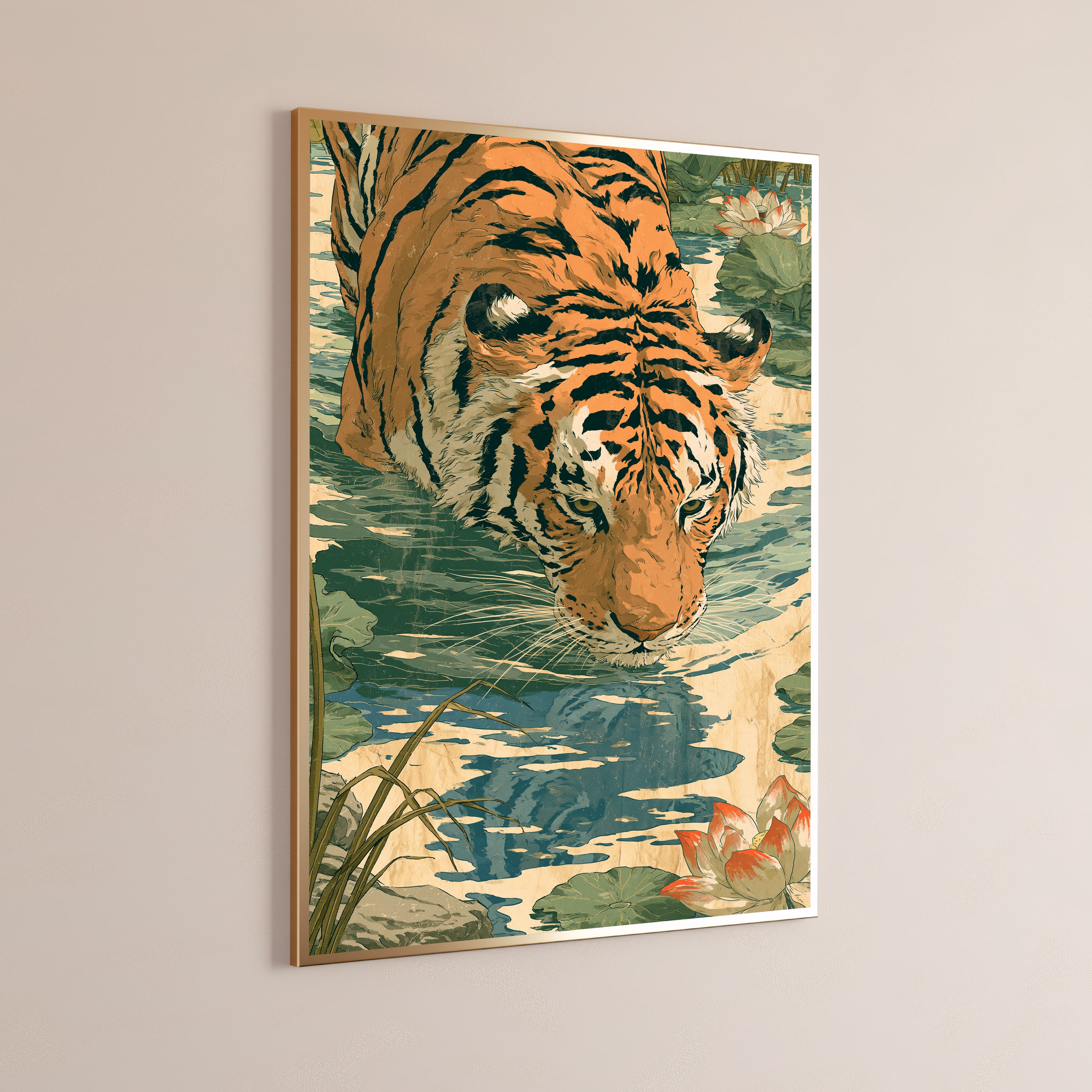 Tiger in Water Lotus Pond Art Print