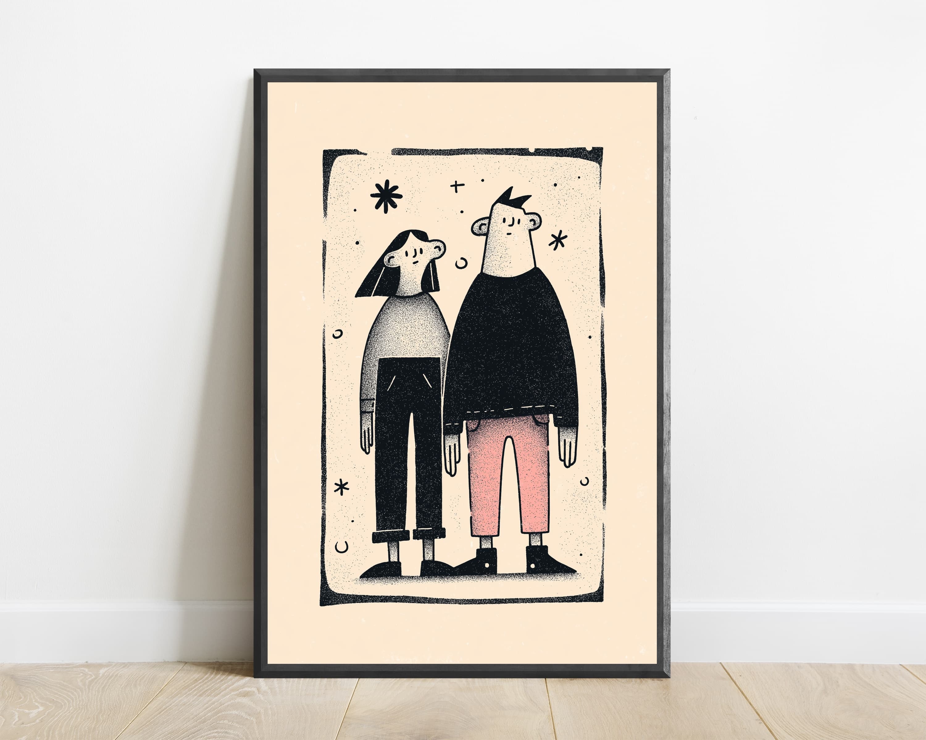 Two Friends Standing Together Minimalist Line Art Print — view 1