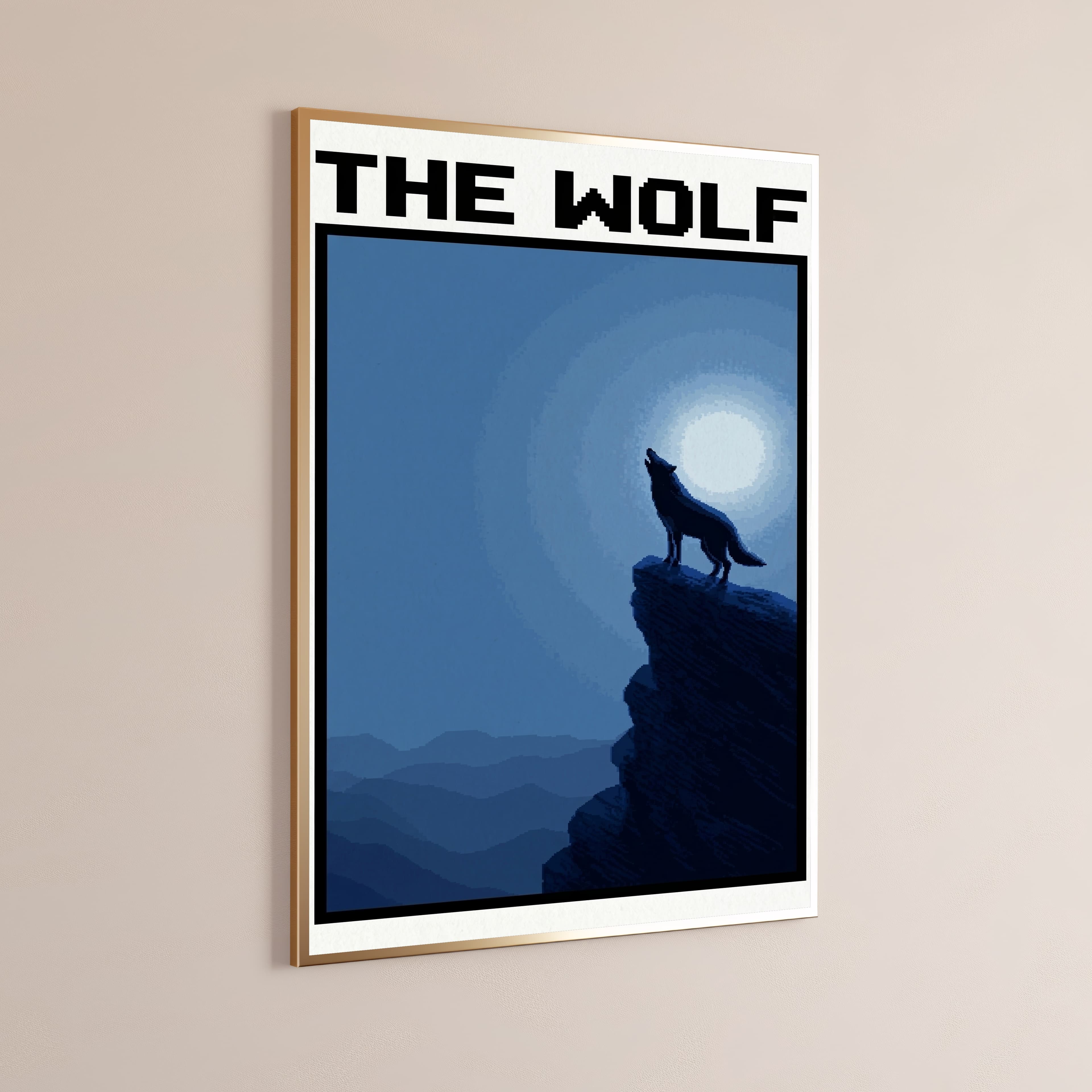 Wolf Howling at Moon Cliff Pixel Art Print