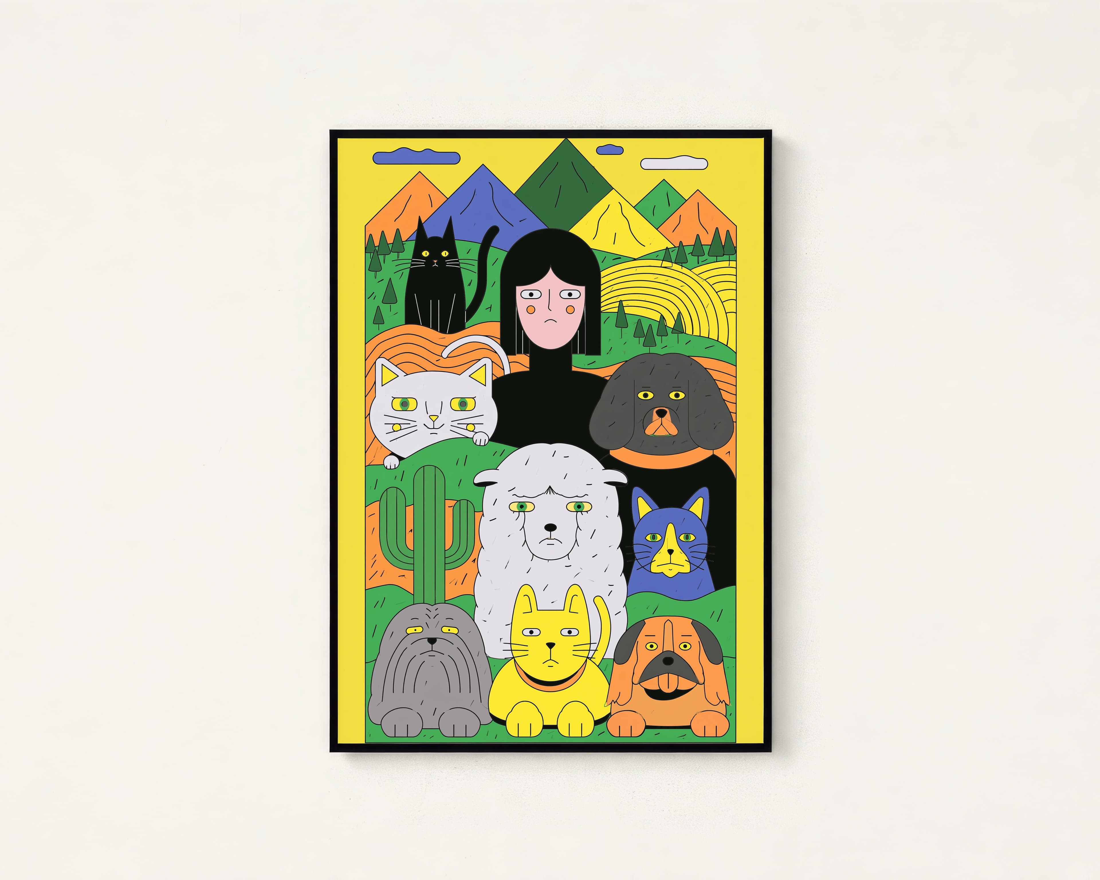 Woman with Pets Mountain Landscape