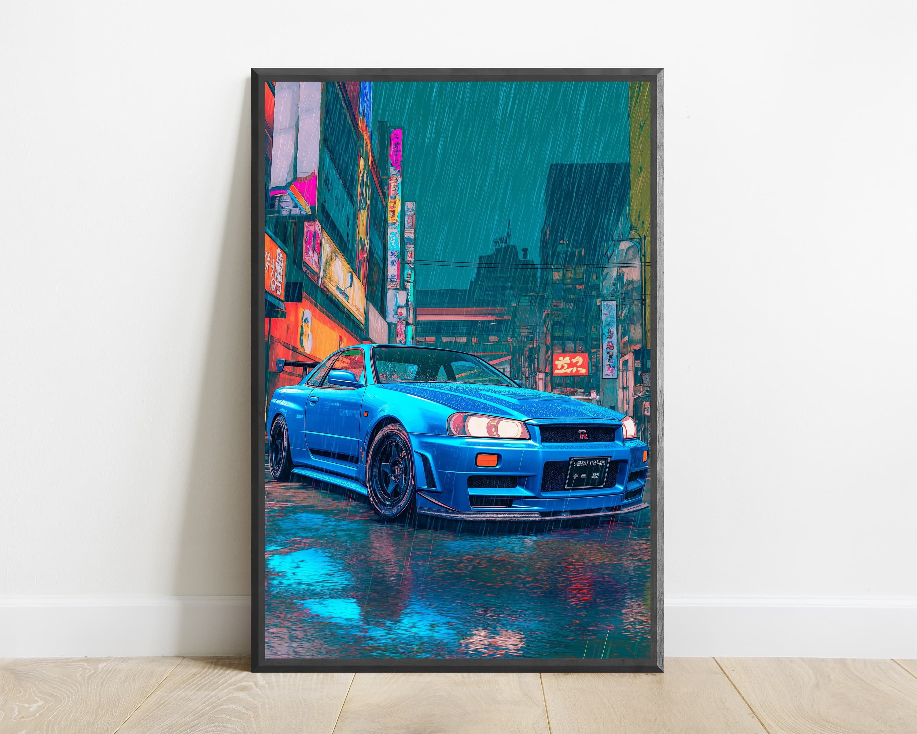 Blue Sports Car Rainy Neon City — view 1