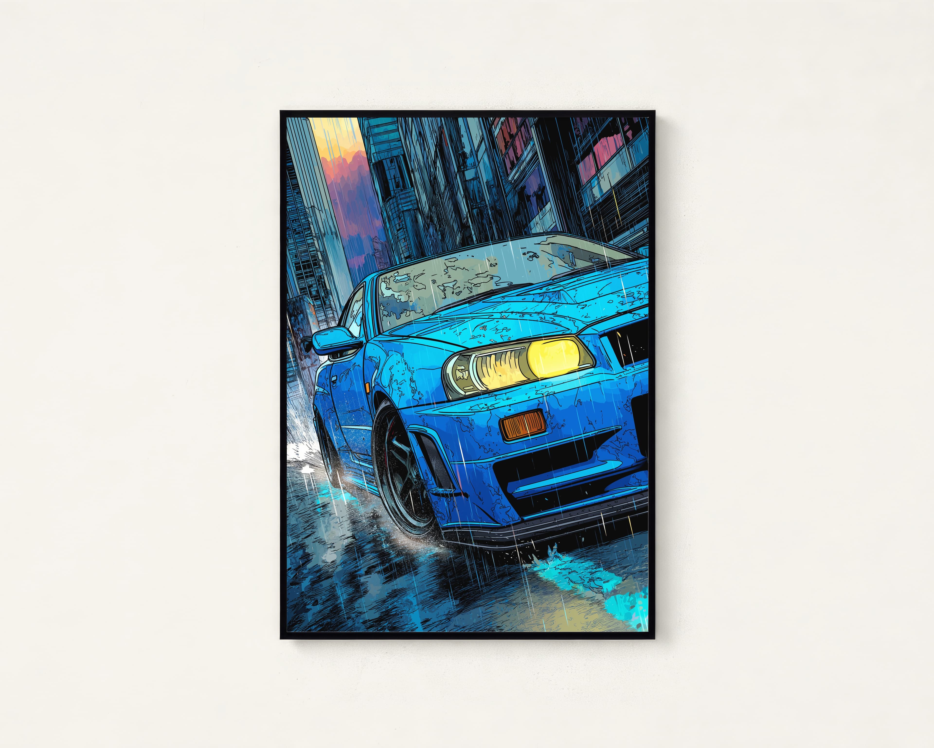 Blue Sports Car Rainy Street Anime