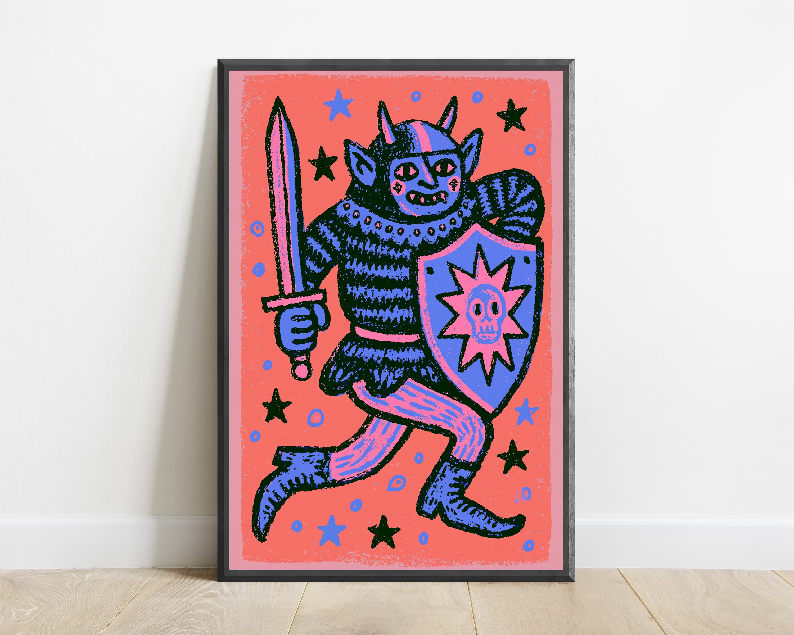 Colorful Demon Warrior with Sword Shield Pop Art Print — view 1