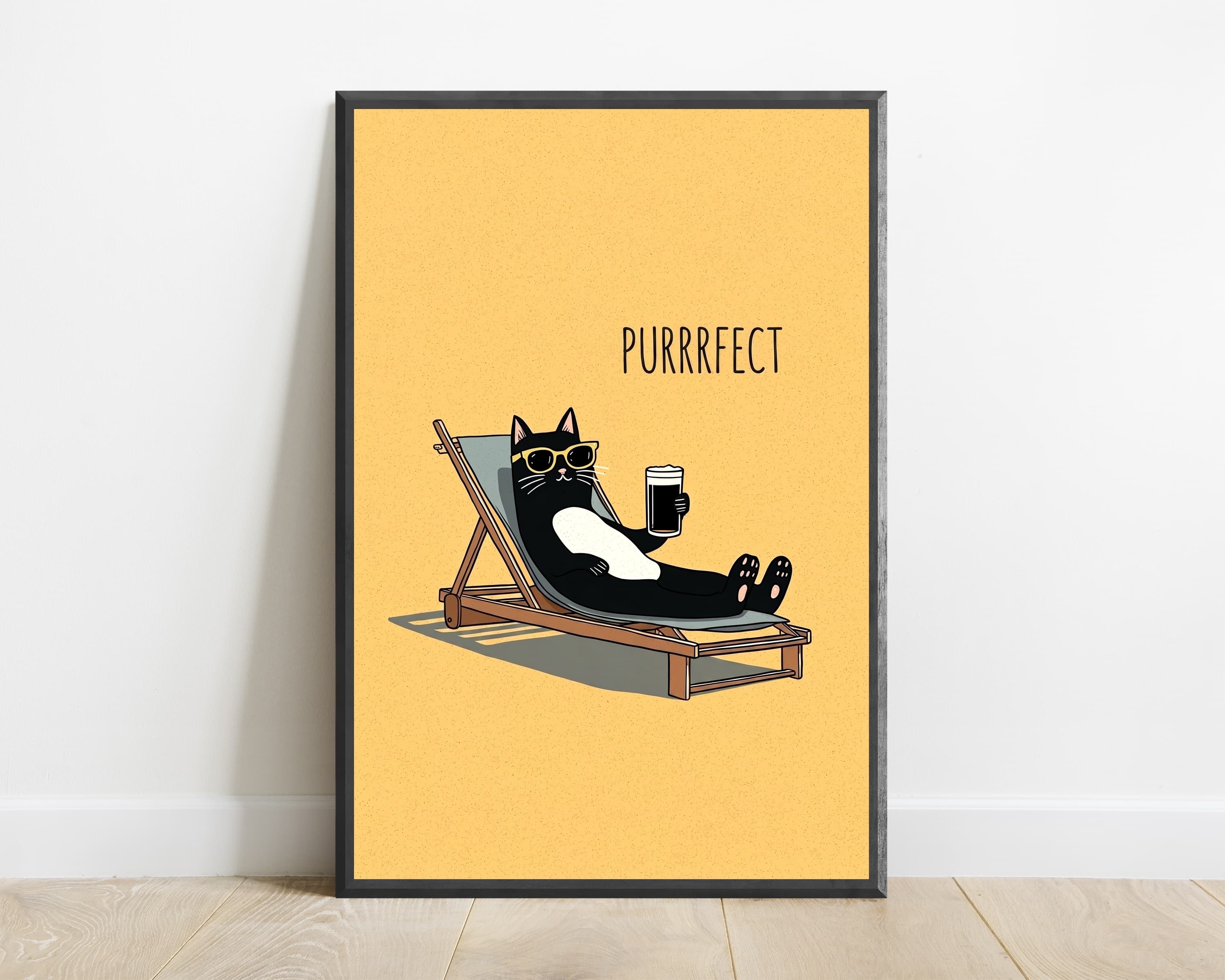 Purrrfect Black Cat Beer Sunglasses Deckchair Print — view 1