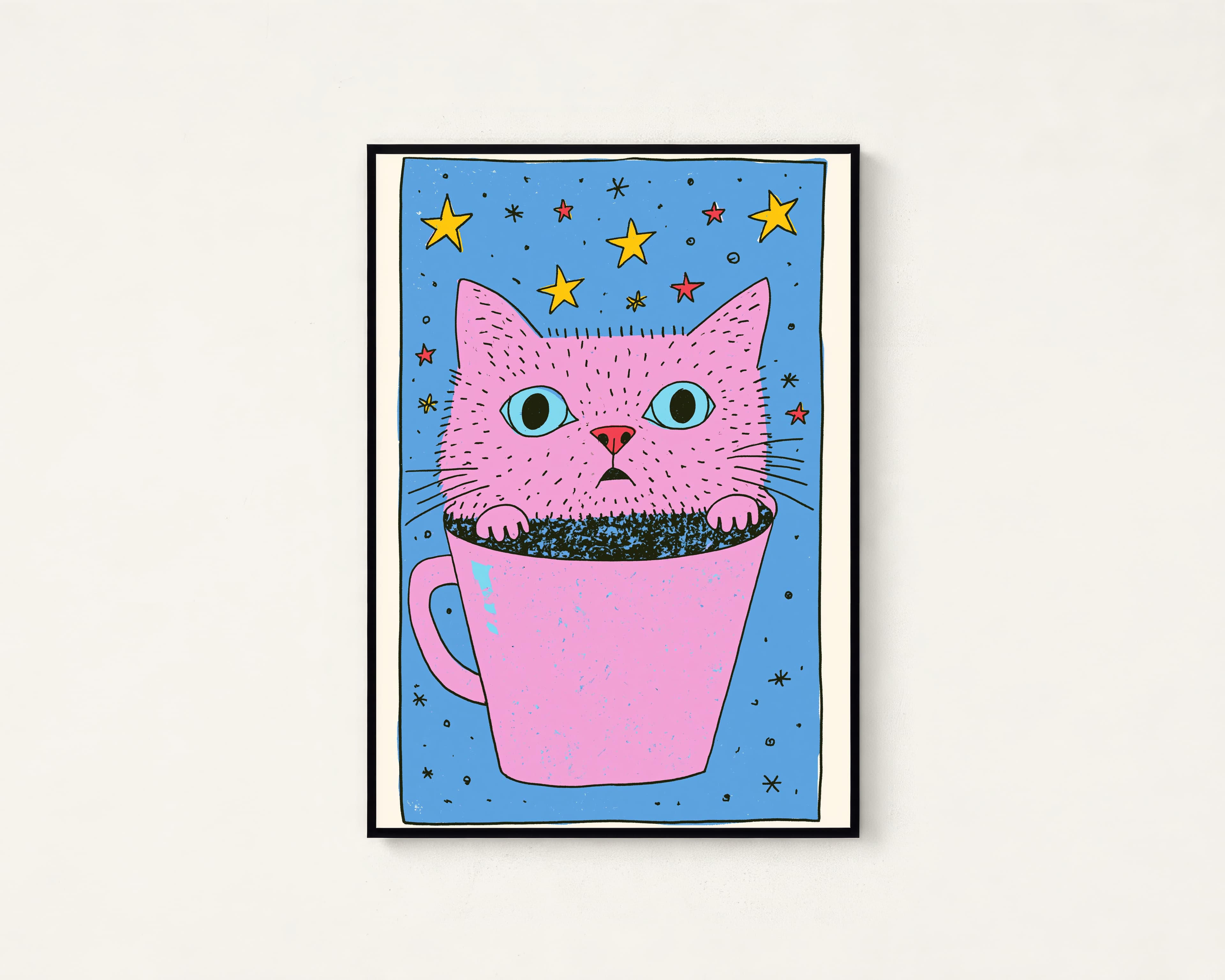 Pink Cat in Coffee Mug Stars Pop Art Print