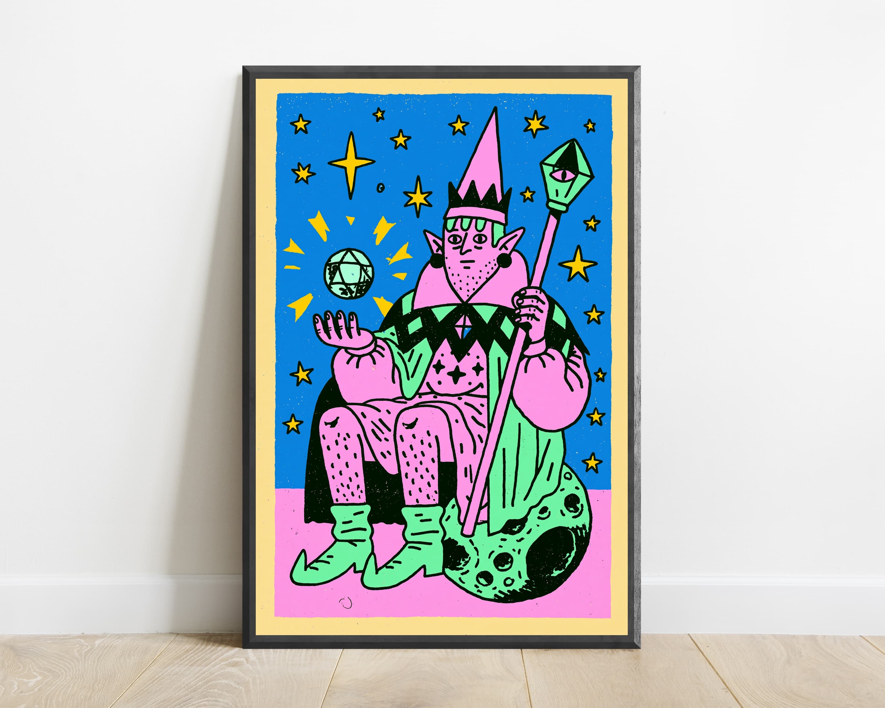 Pink Wizard with Magic Wand Stars Pop Art Print — view 1