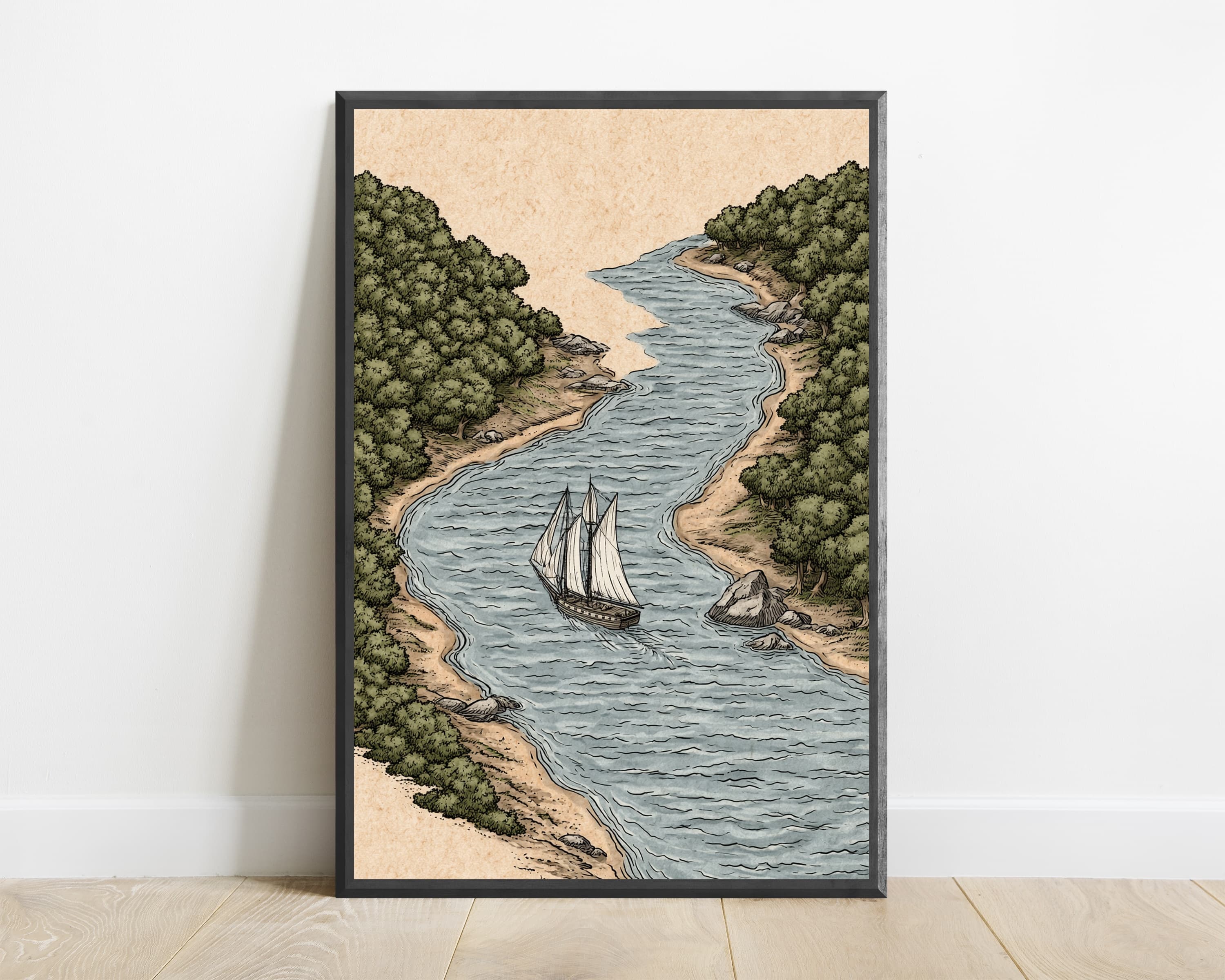 Sailing Ship River Landscape Line Art — view 1