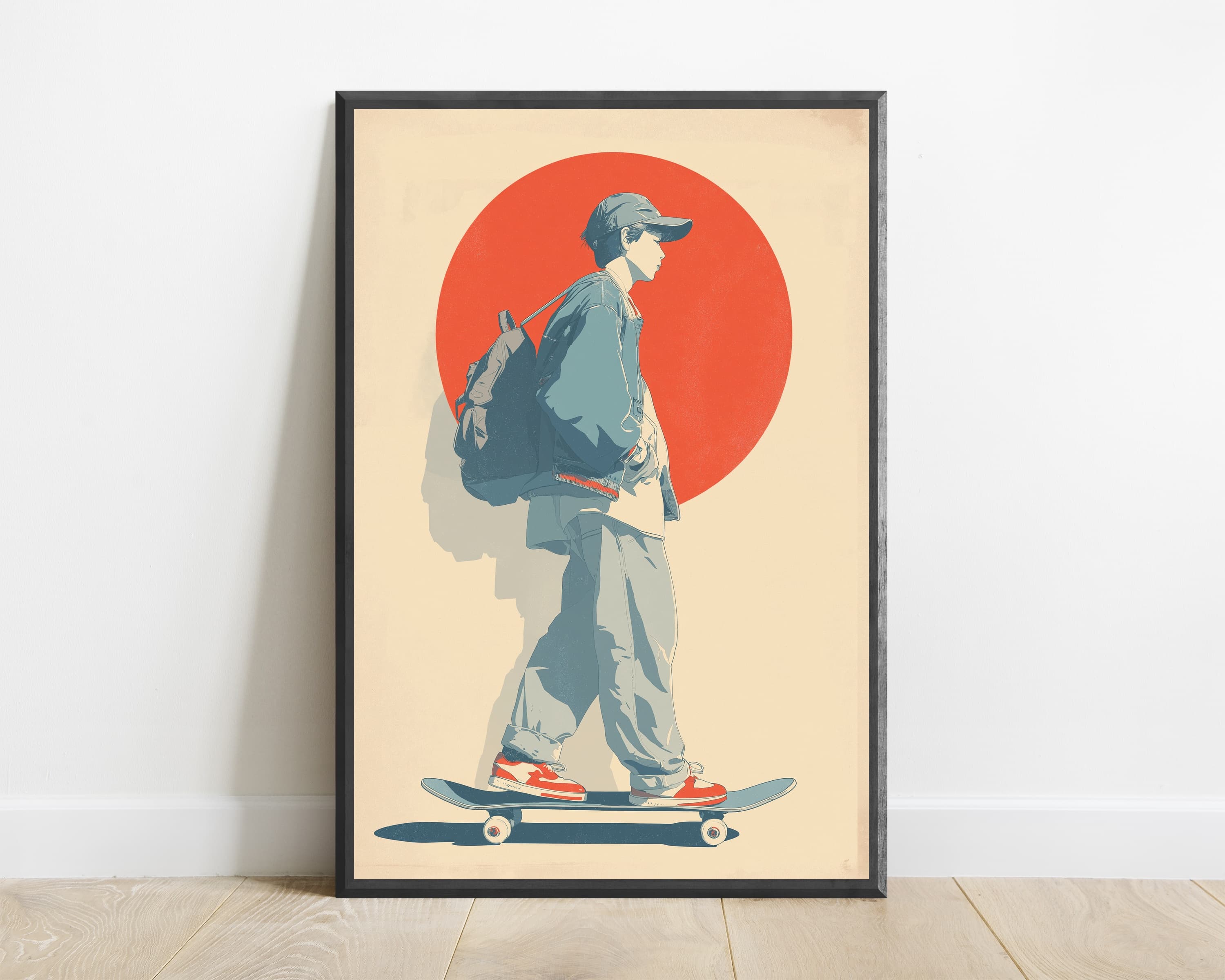 Skateboarder with Backpack Red Sun Print — view 1
