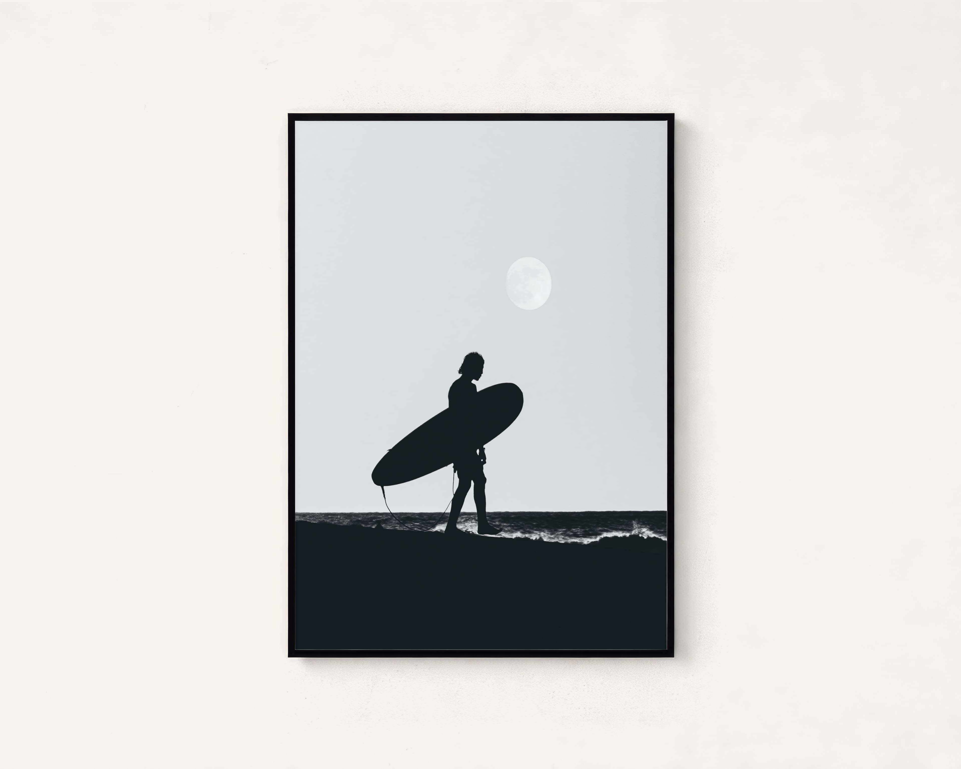 Surfer with Surfboard Silhouette Moon